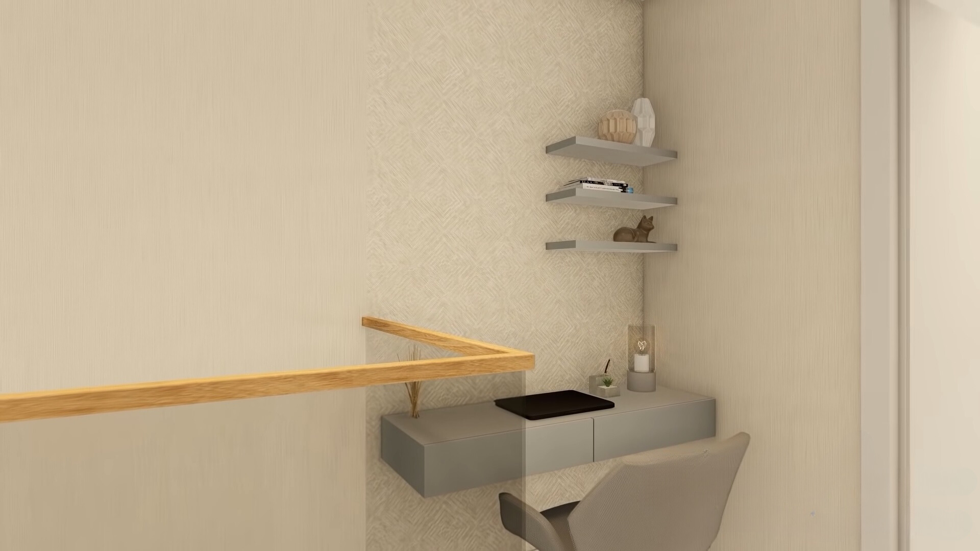 office area in the hallway with three shelves, tiny gray desk and a chair