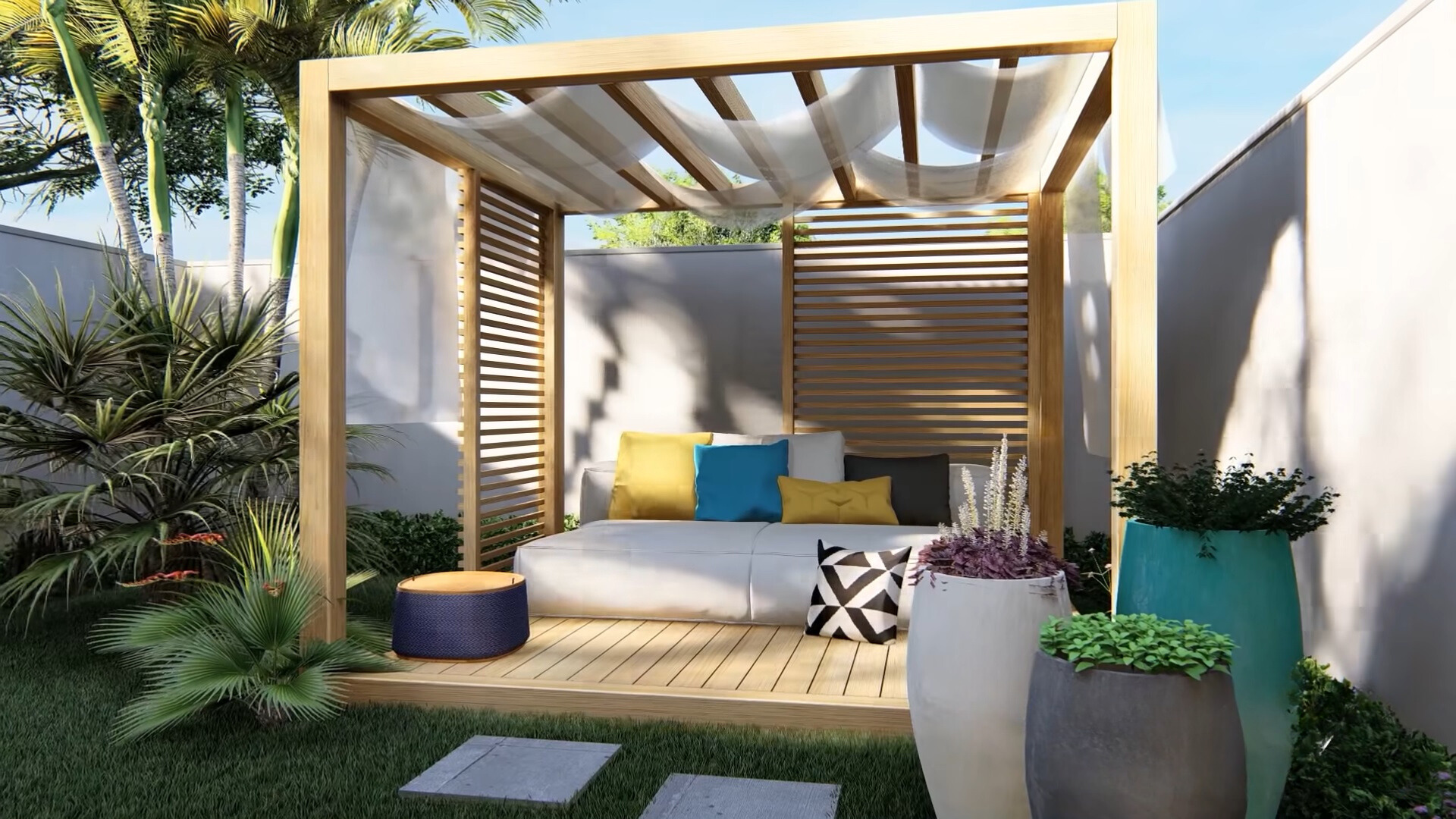 backyard of a container house with a white couch and greenery around