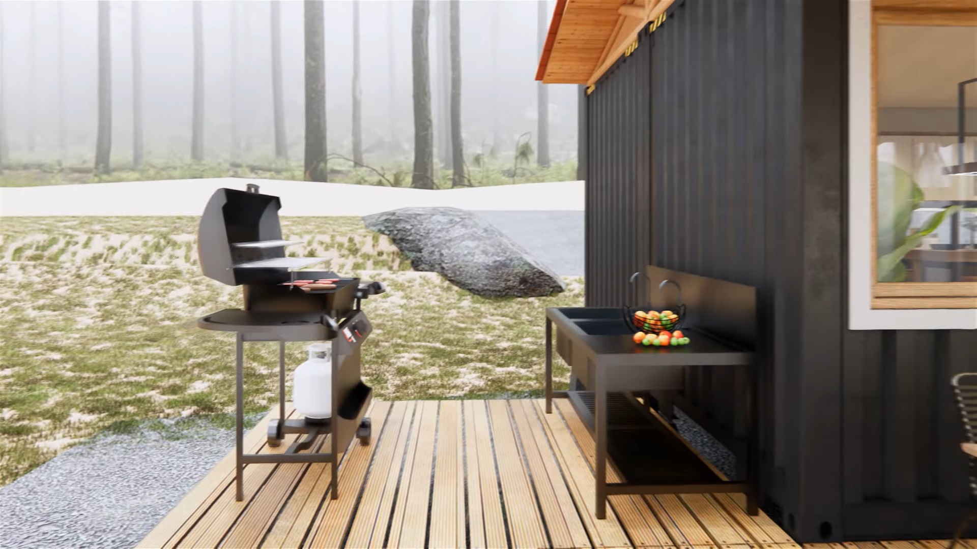 mini outdoors kitchen containing a grill and a small black countertop with a sink