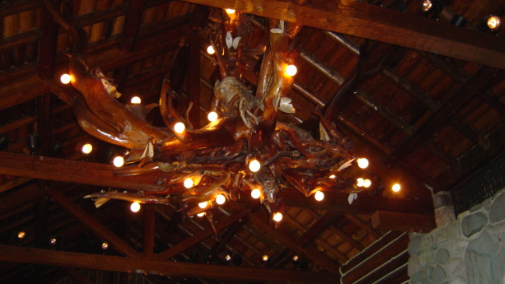 wooden chandelier in the great hall with insects and animal carving made from the tree Kaufman used to play under