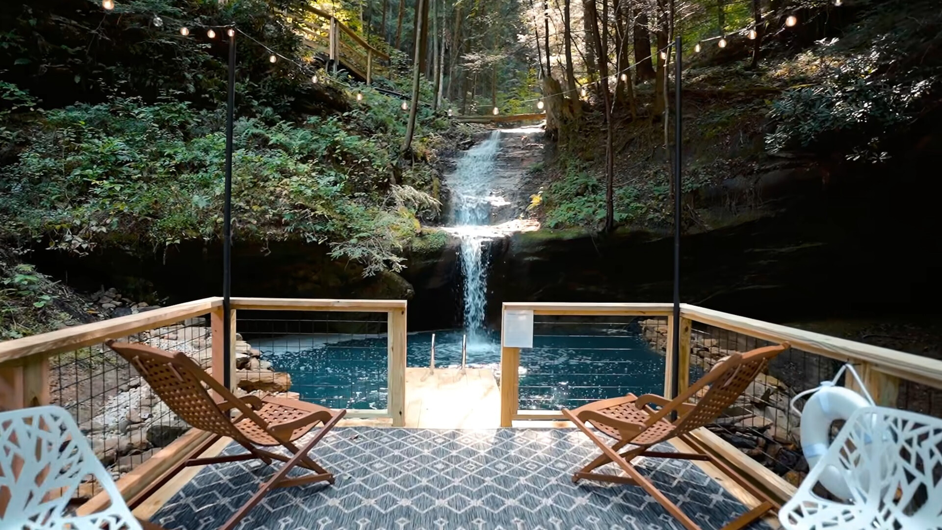 waterfall transforming into a pool and a deck