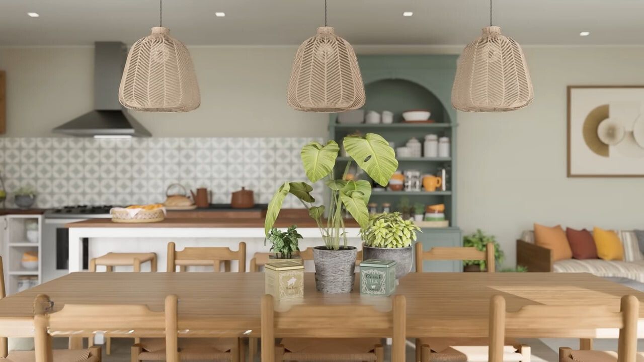 large wooden dining table with light fixtures above