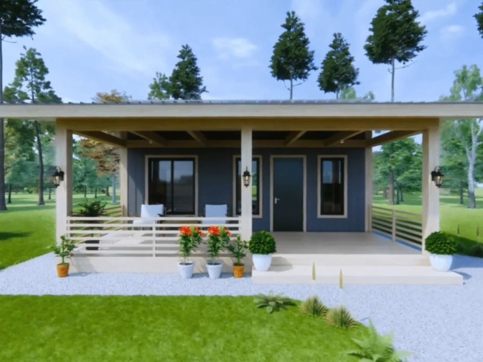 exterior of the tiny farmhouse with a flat roof, a small porch with a seating area, blueish grey facade