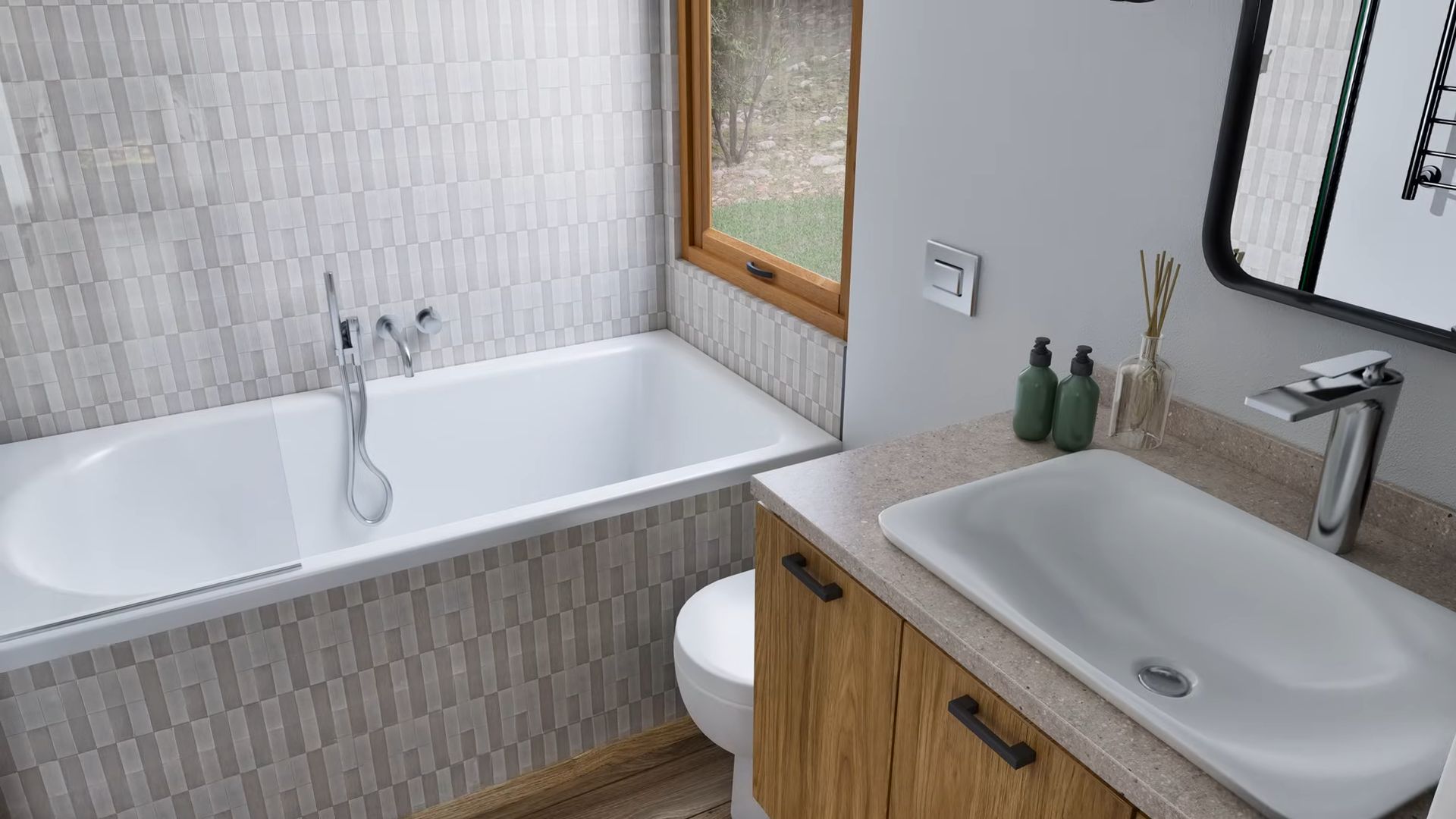 Bathroom with gray tiles and wooden vanity