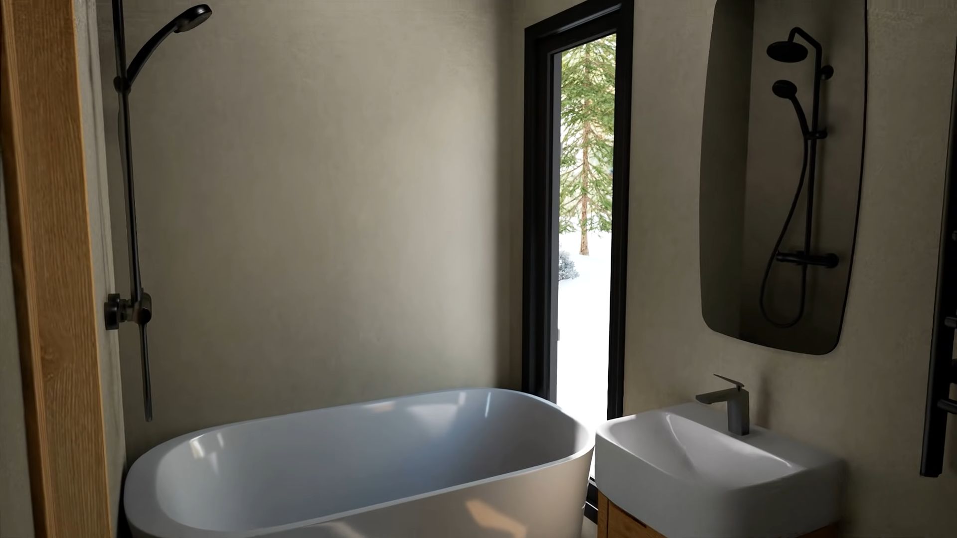 Bathroom with a big tub and a long window