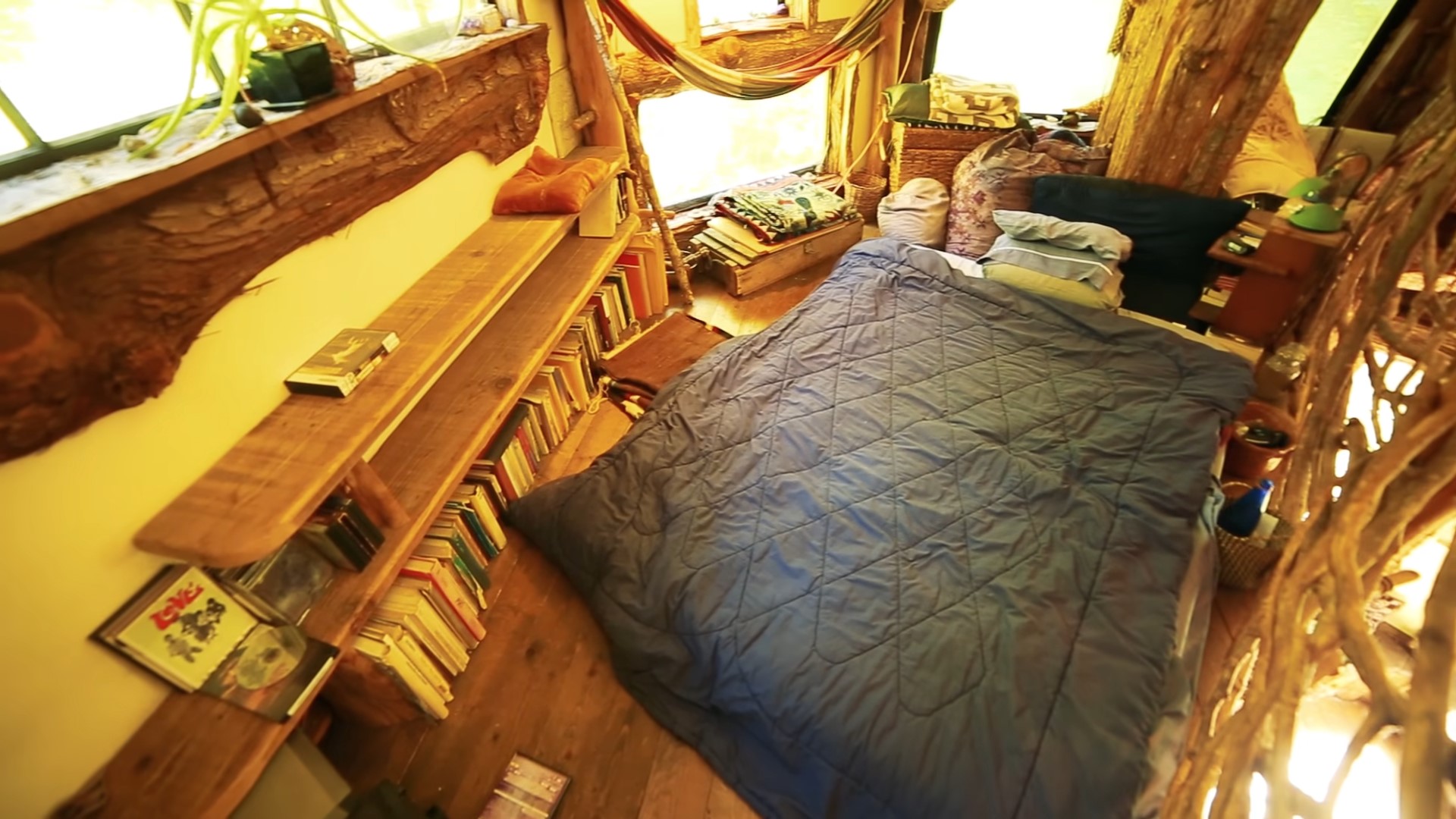 Bedroom in a cabin with books and widows