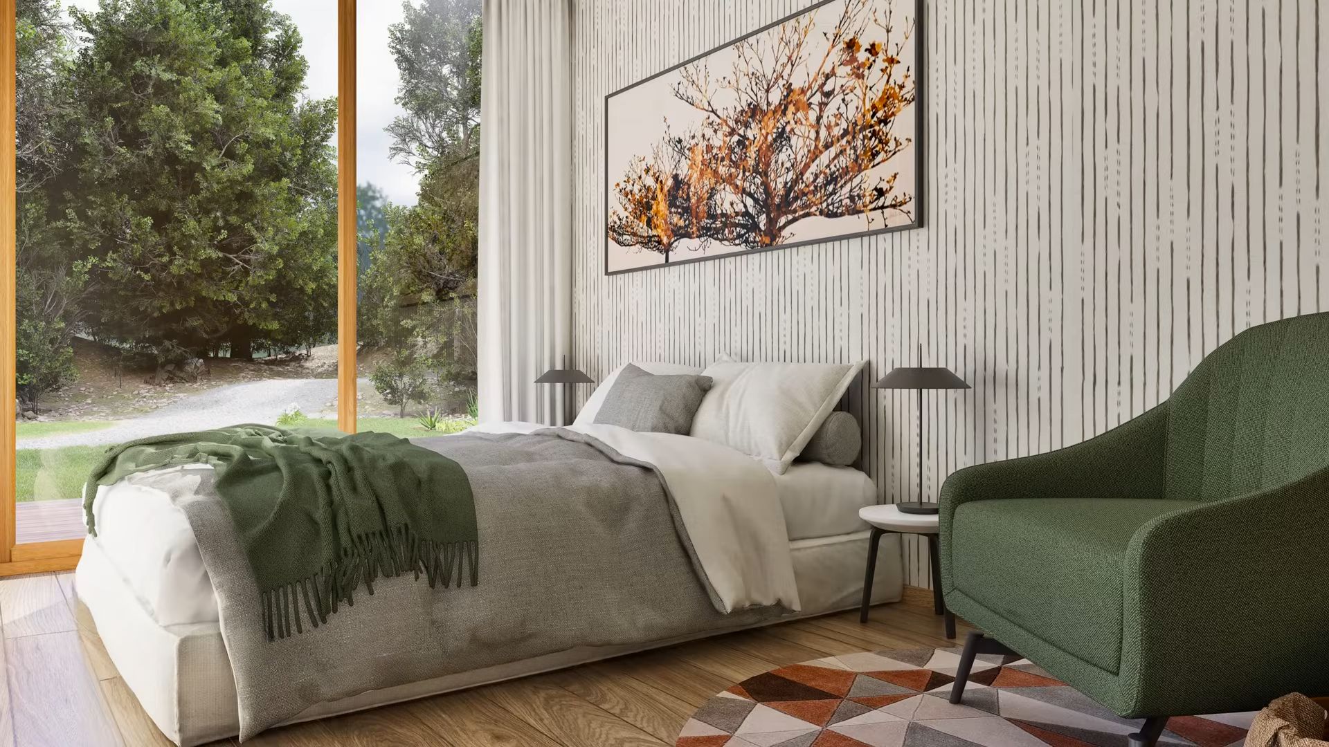 Bedroom with green chair, stunning decorations and a huge window