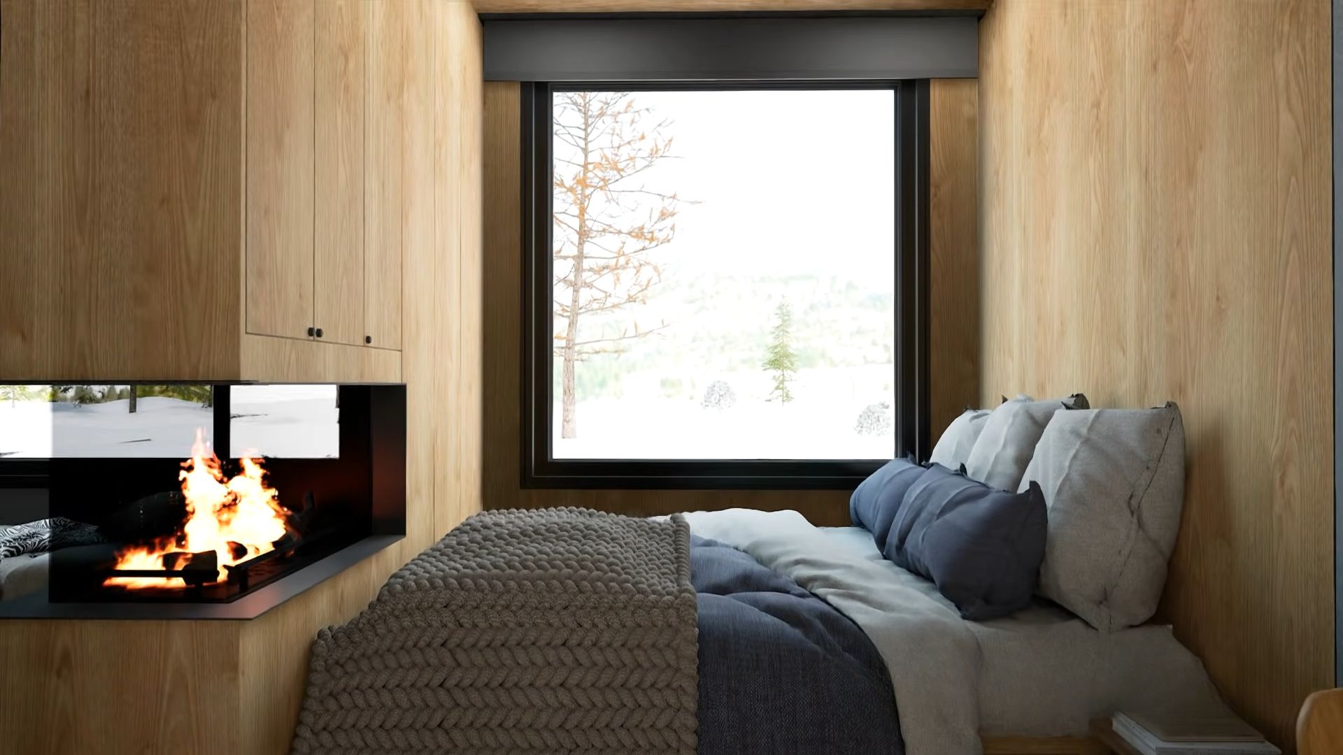 Bedroom with picture frame window, cozy bed and fireplace