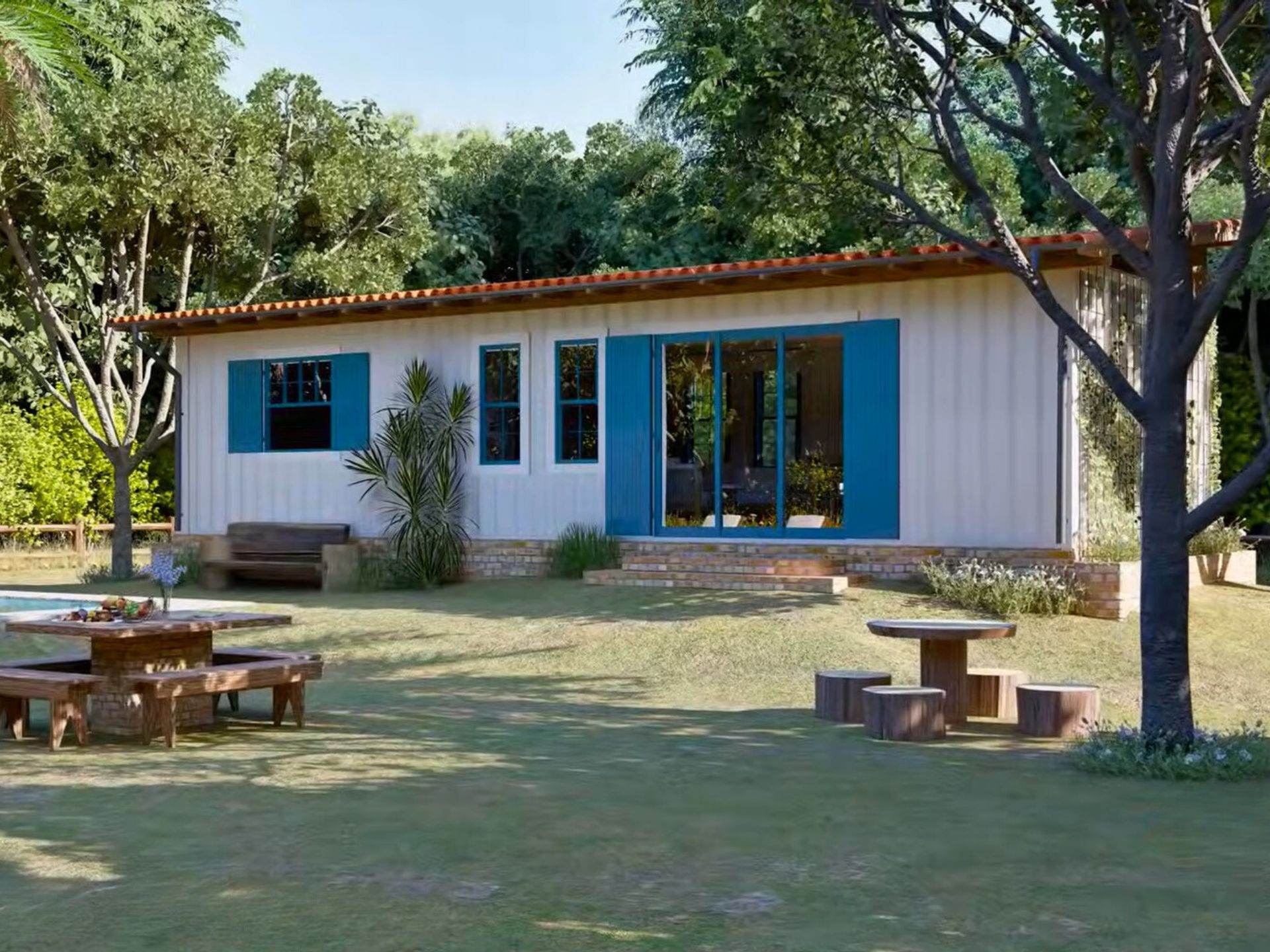 blue and white exterior of a container house