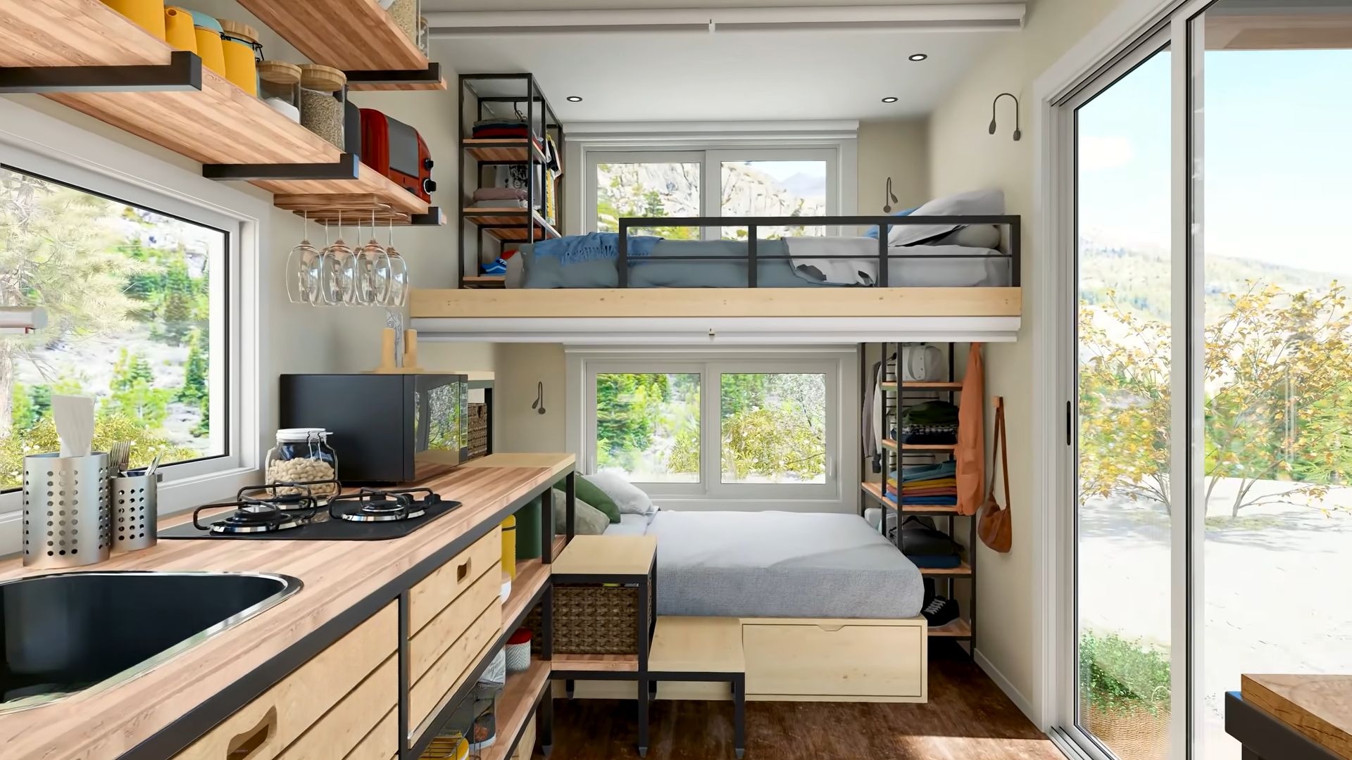 Bunk bed in container home with storage units