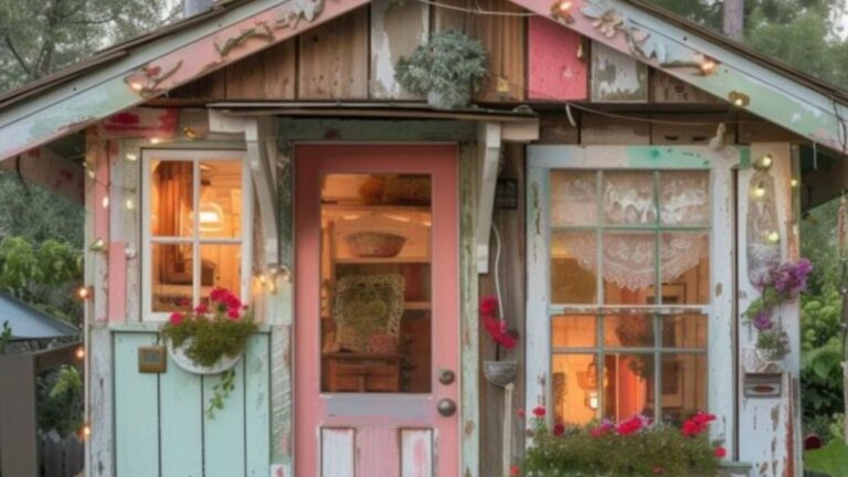 pastel green and pink exterior of a tiny home with lots of plants