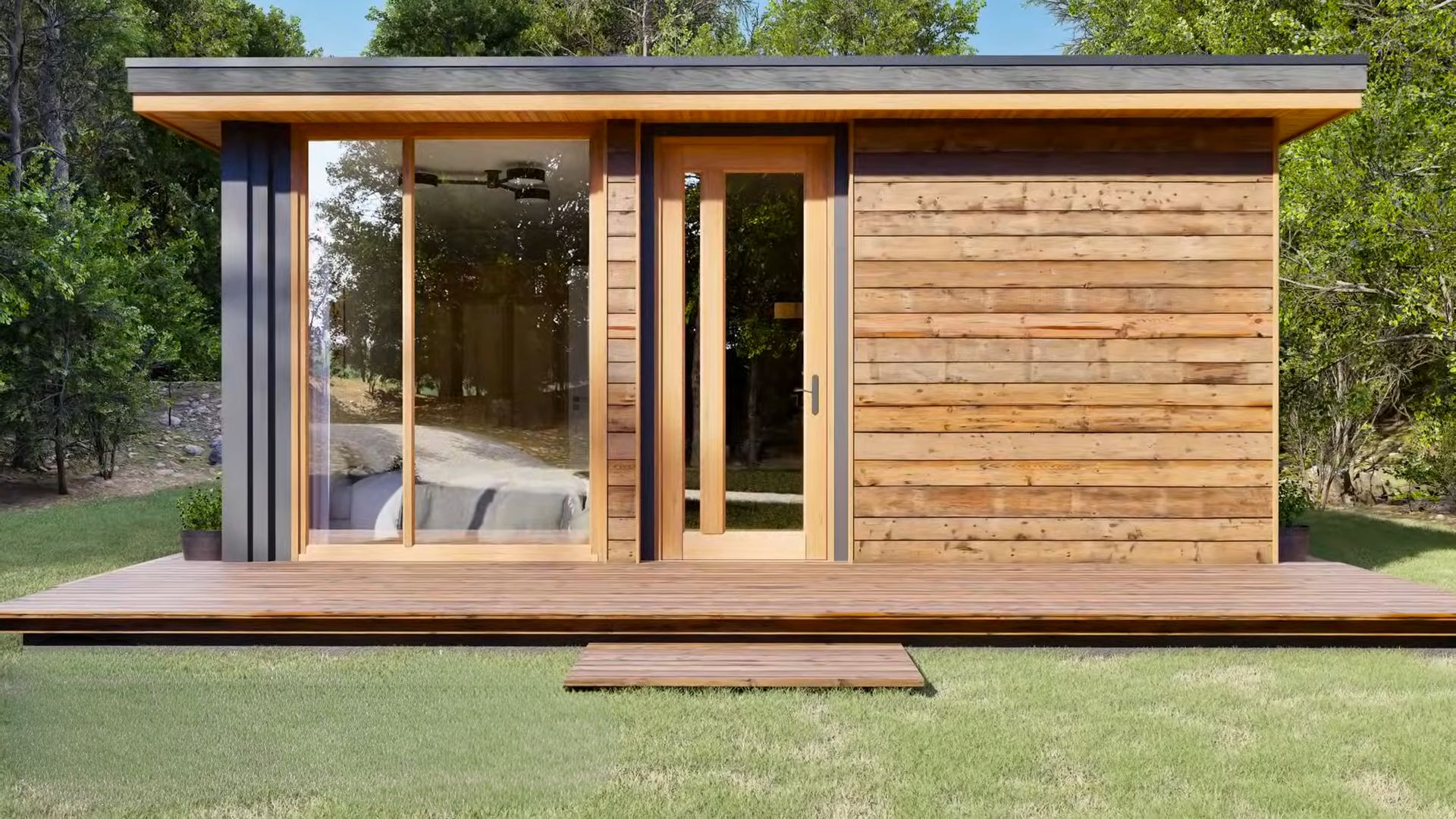 Container home with a wooden wall and glass window