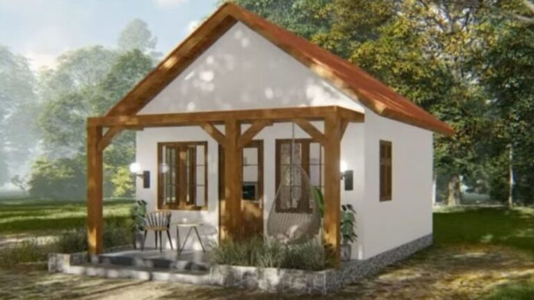 exterior of a tiny home with a porch with a hanging chair, tiny table and a chair