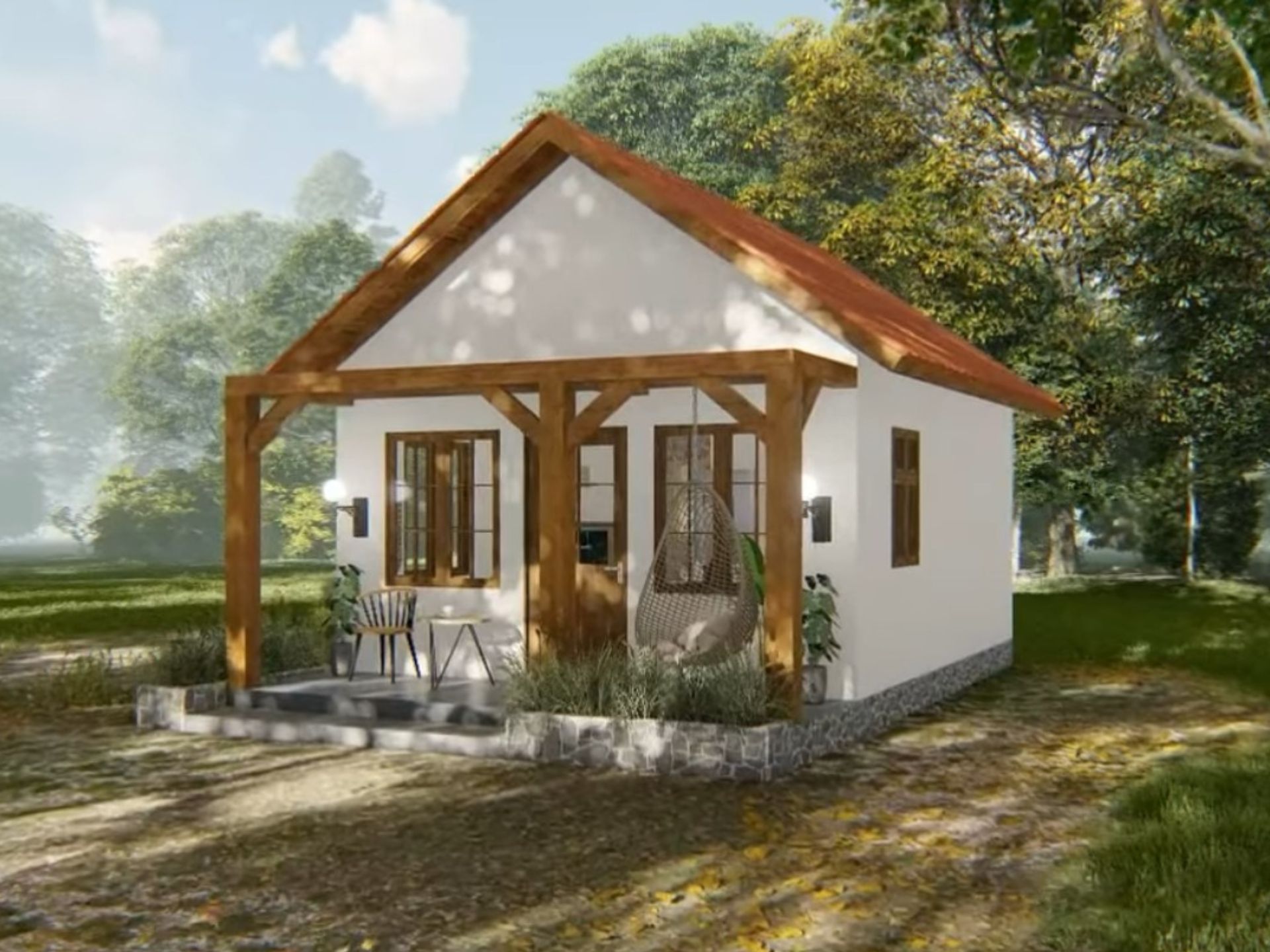 exterior of a tiny home with a porch with a hanging chair, tiny table and a chair