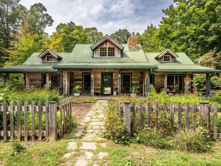 cabin with green roof