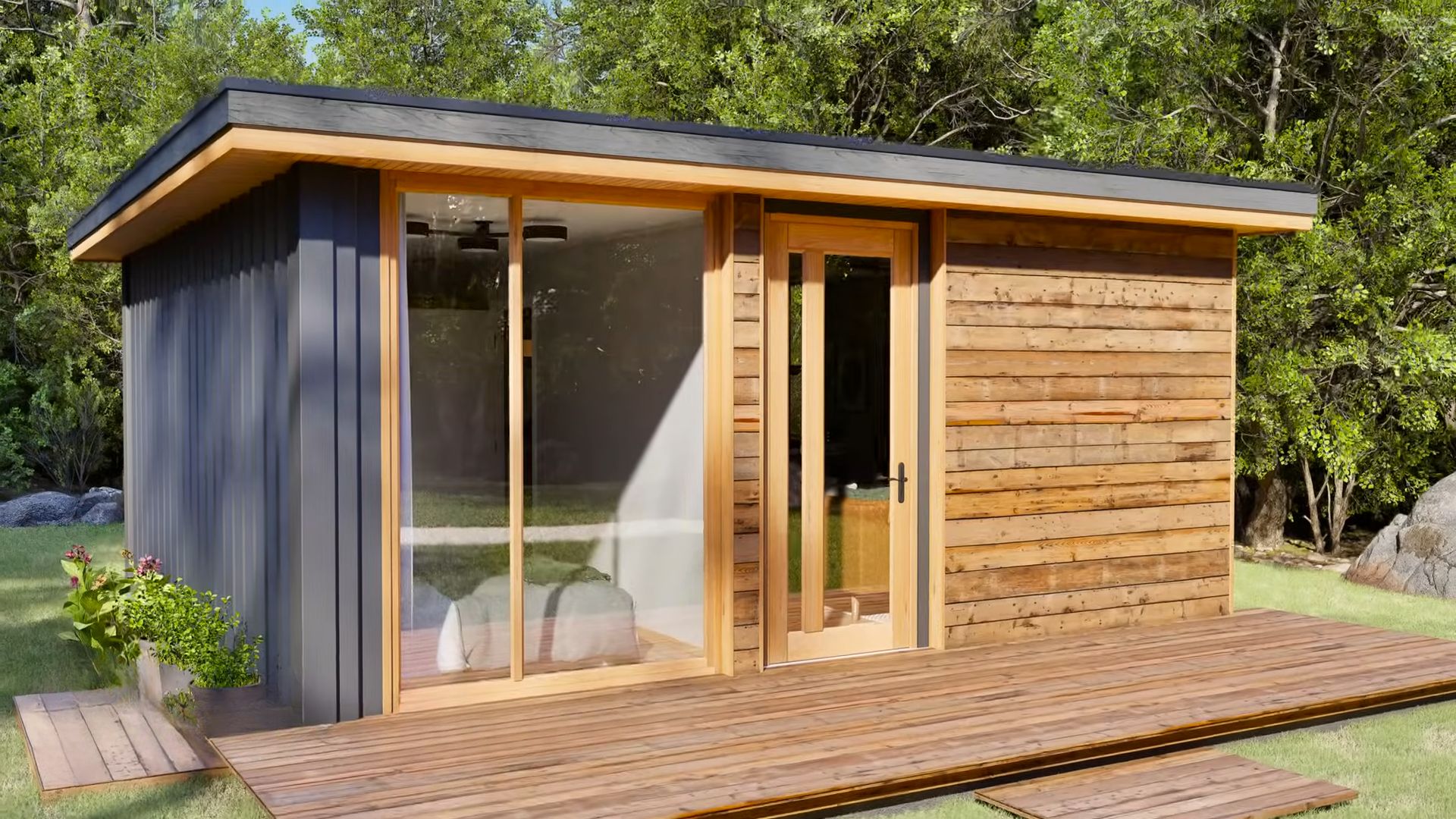 Exterior of container home with a wooden wall