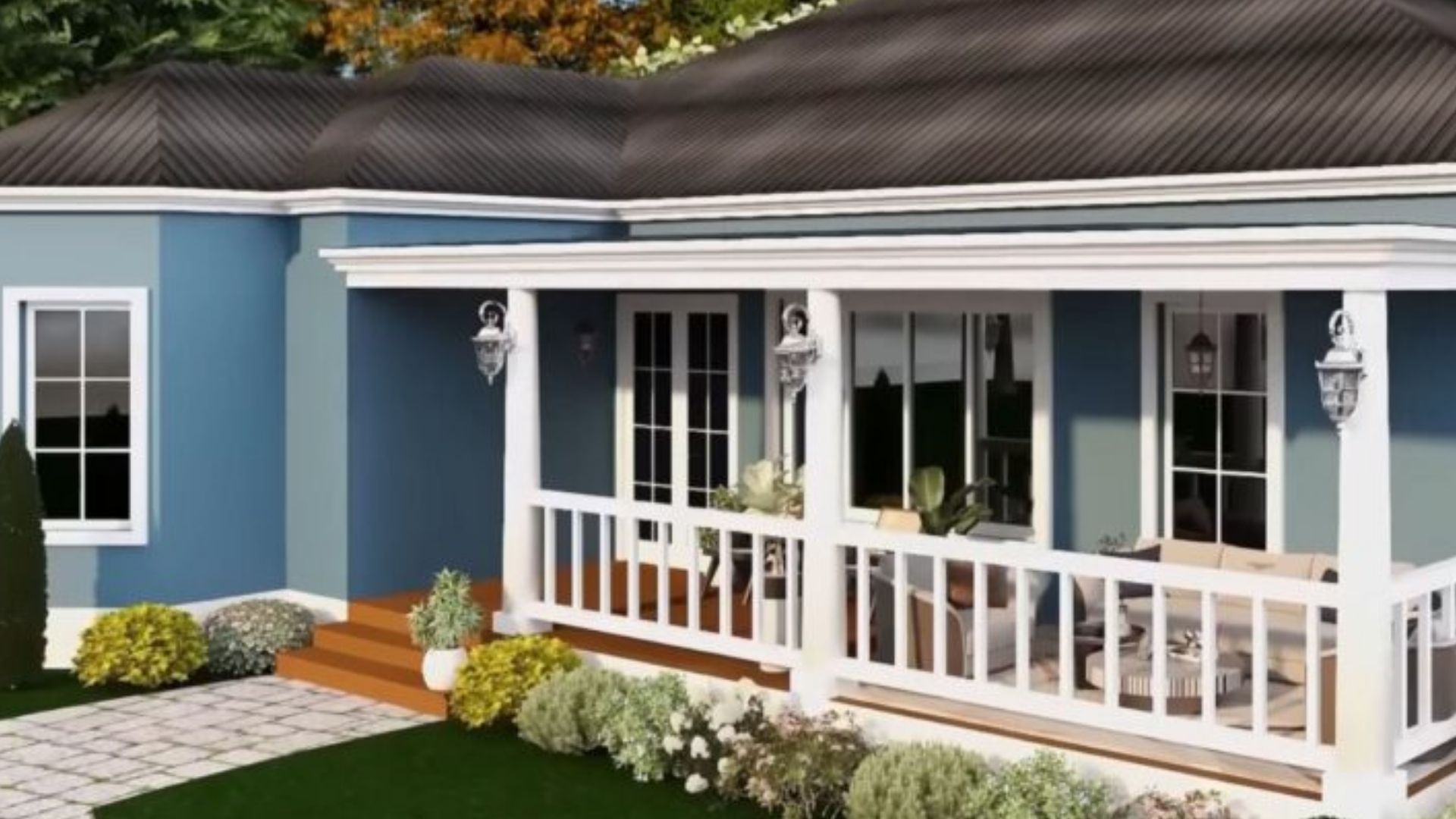 exterior of the blue belle tiny house with a covered porch, grey roof, blue facade, and white trims and frames around the windows and doors