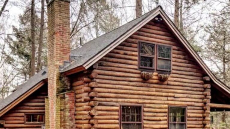 exterior of the cozy log cabin house with three windows, a brick chimney on the side, and the covered porch on the right, trees around it