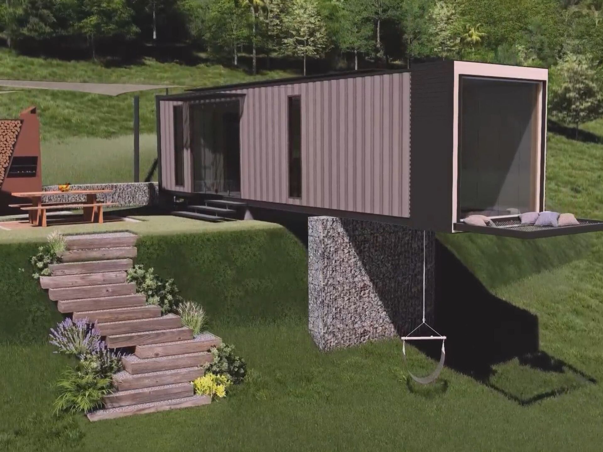 exterior of a container house surrounded by greenery