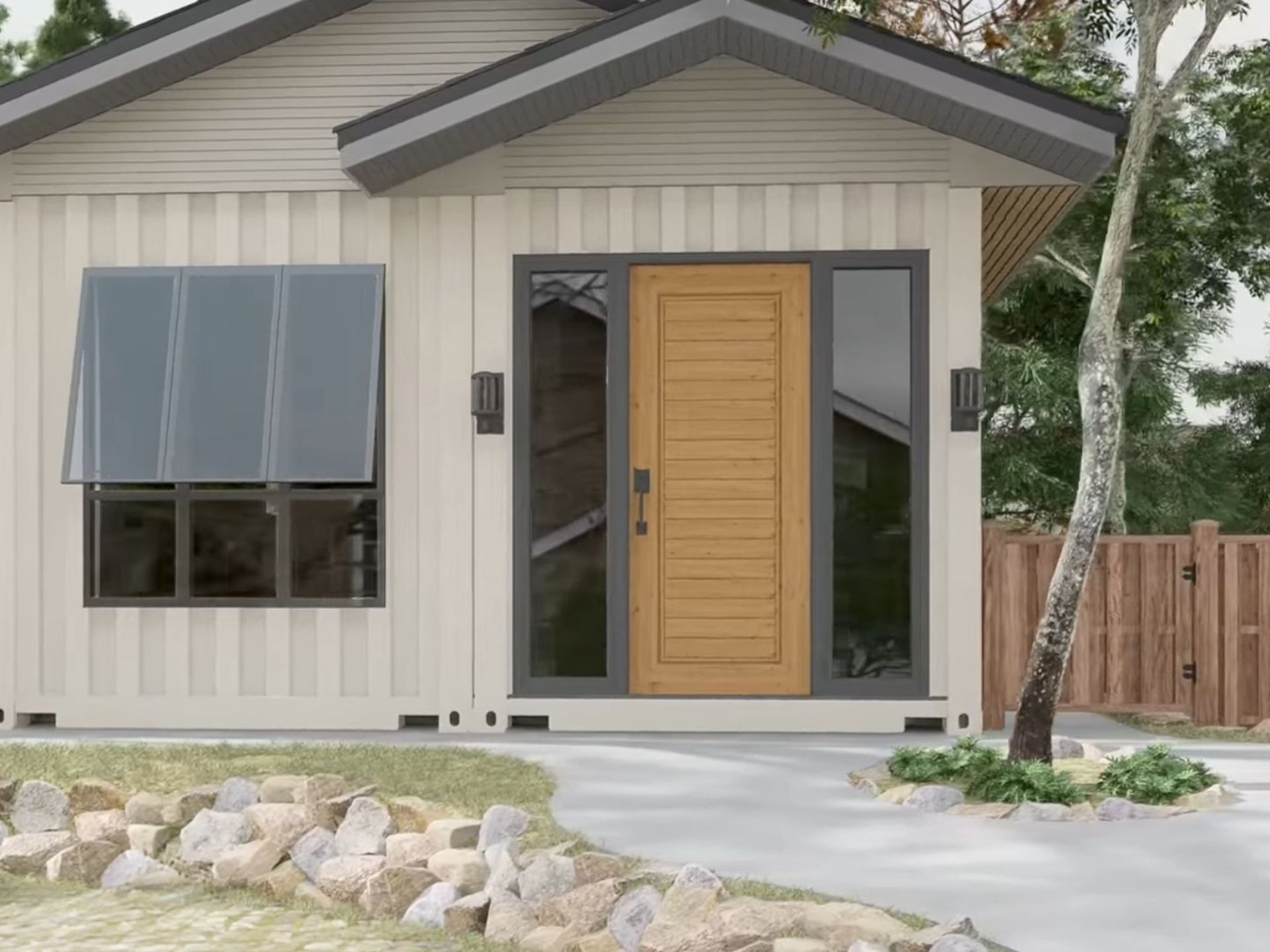 exterior of the container house with a paved lane, big window on the left and a wooden door with glass panels on the side as the entry