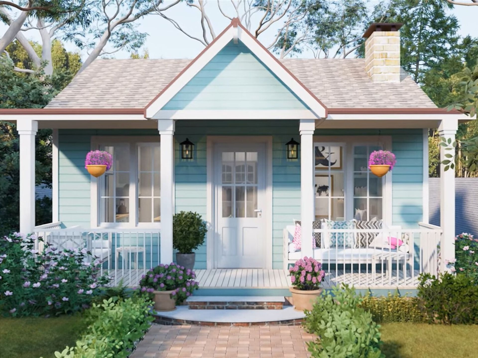 pastel blue exterior of a tiny home with pink and purple flowers around it