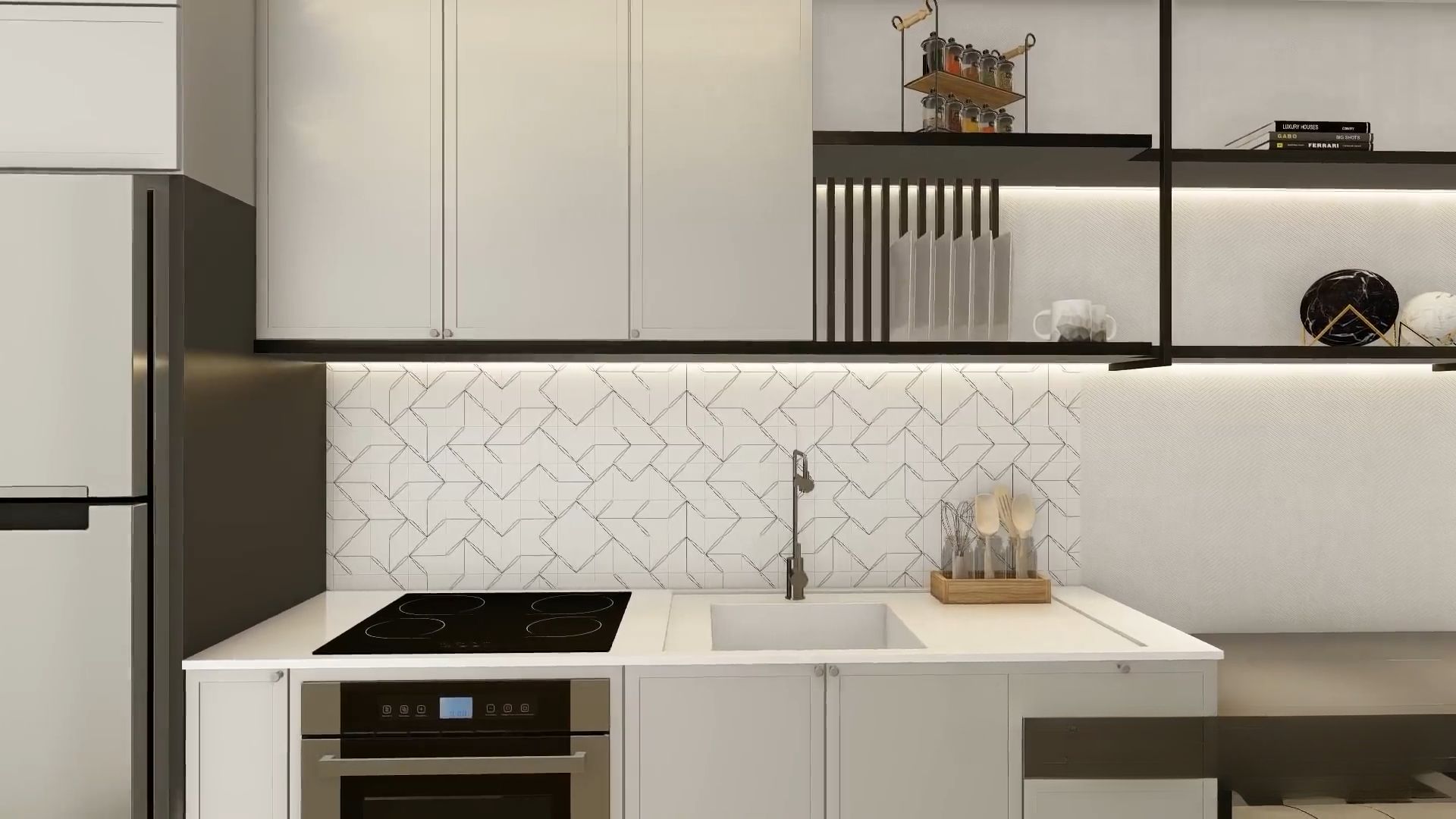 Kitchen with black appliances and open shelves