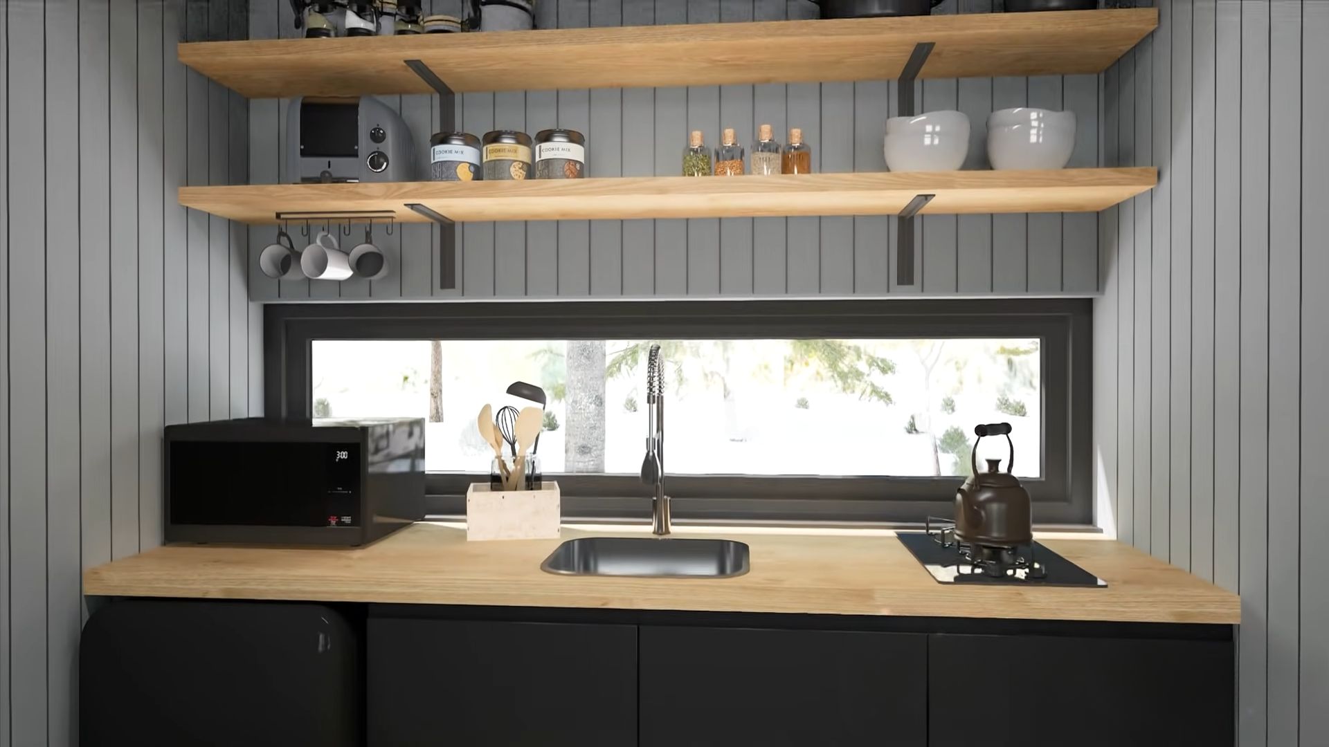 Kitchen with black cabinetry and wooden open shelves