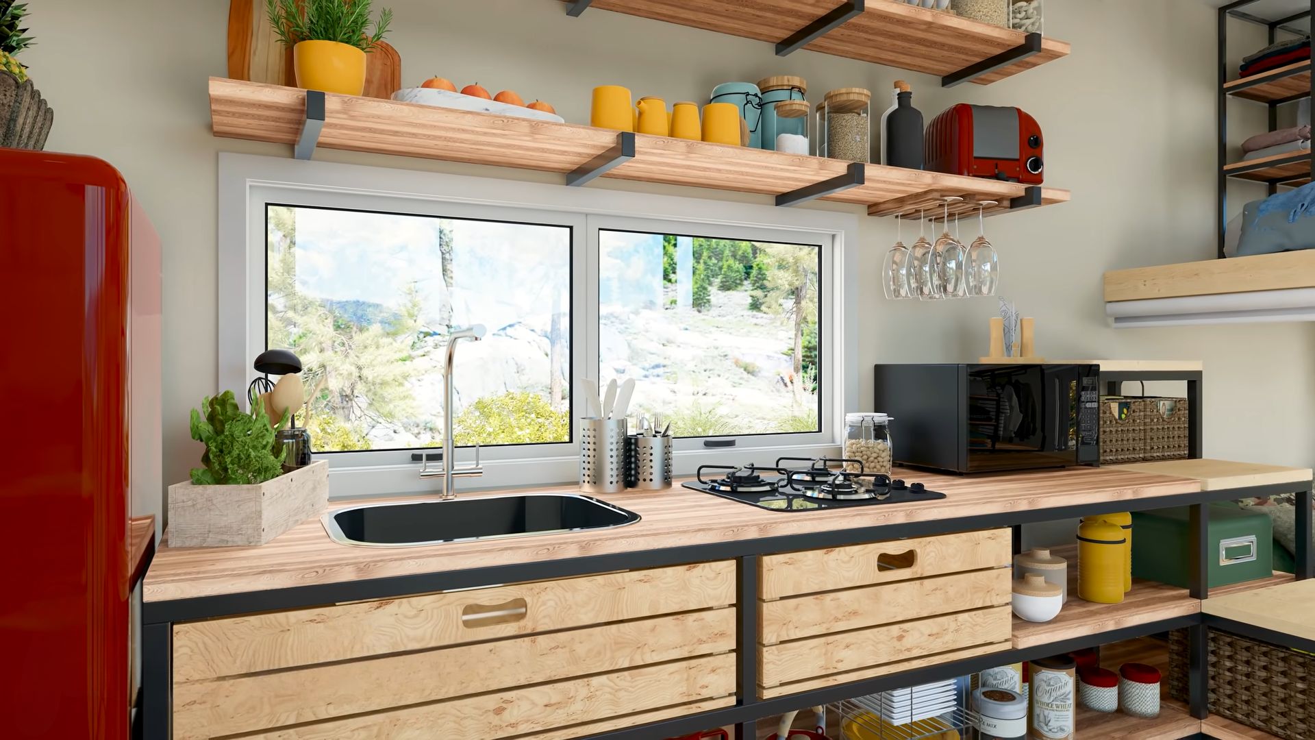 Kitchen with a red fridge and open shelves and cabinets