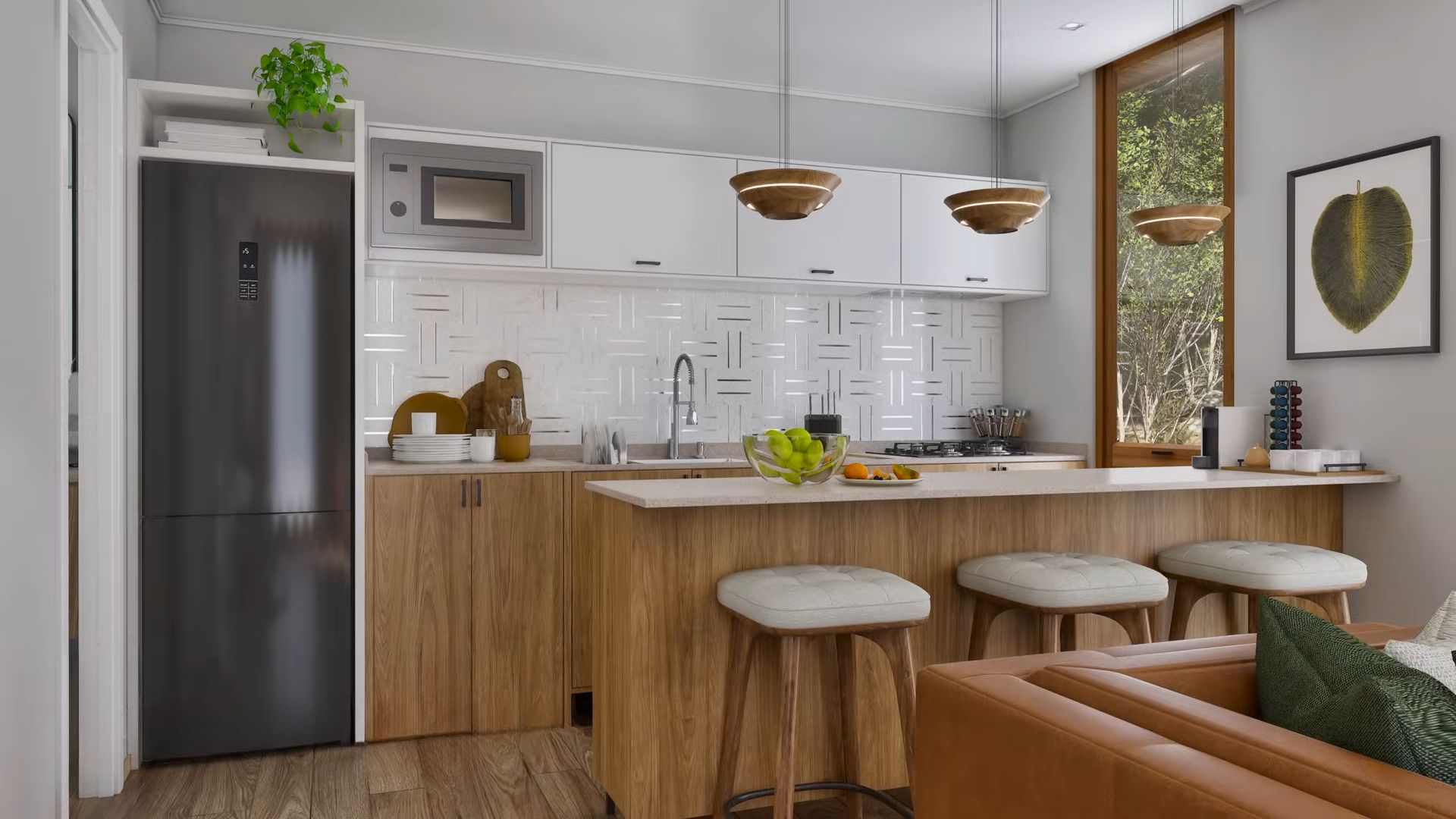 Kitchen with a wooden island, gray fridge and decorations