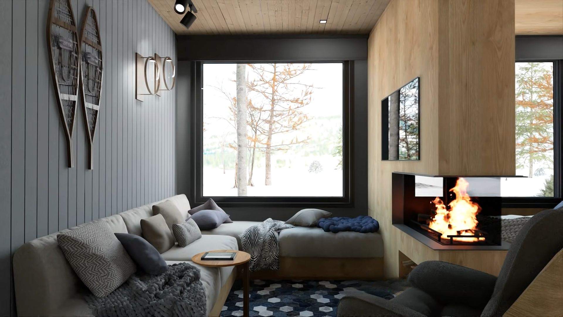 Living room with L-shaped couch, built-in fireplace and picture frame window