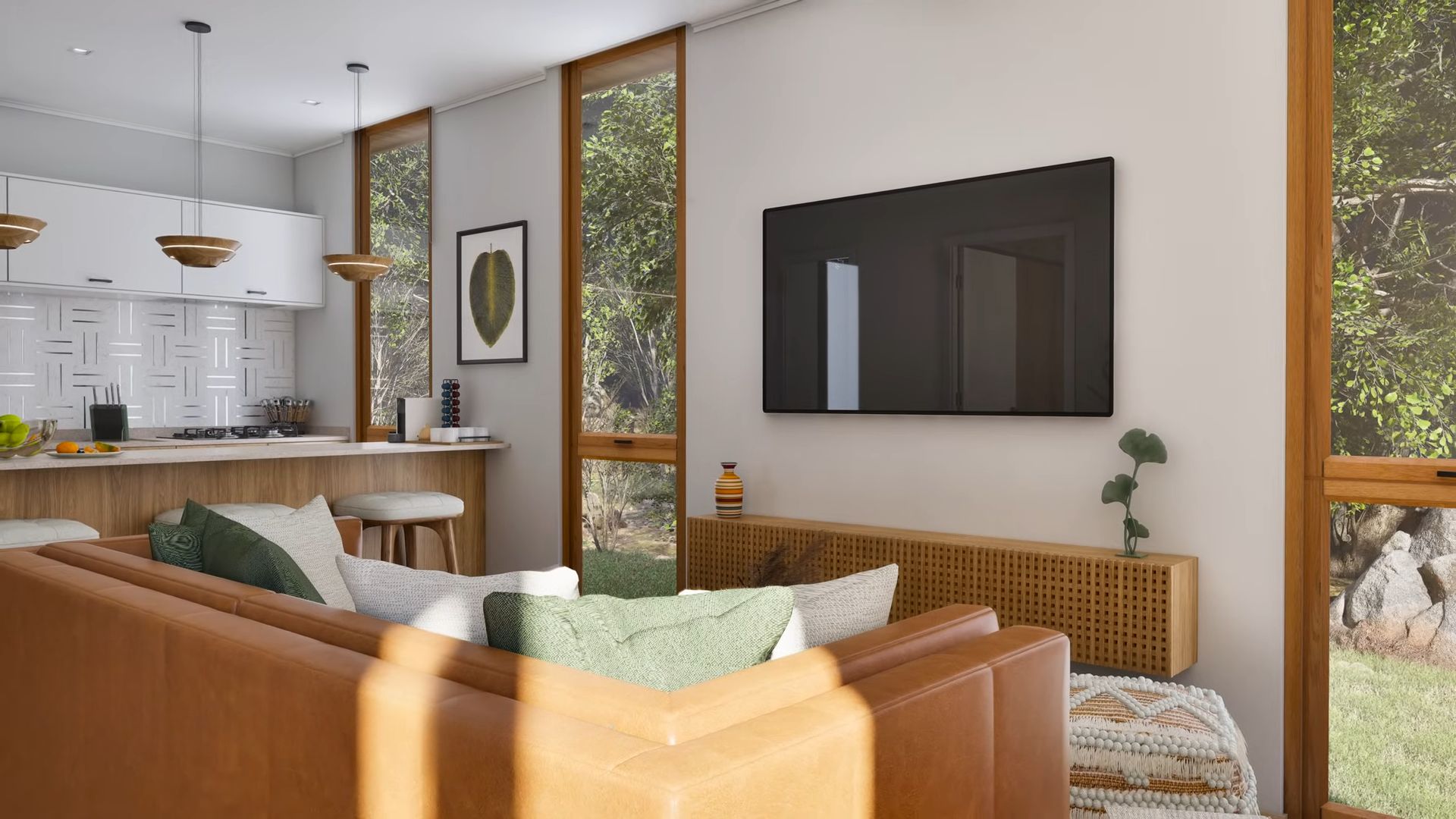 Living room with an orange couch and a flatscreen TV