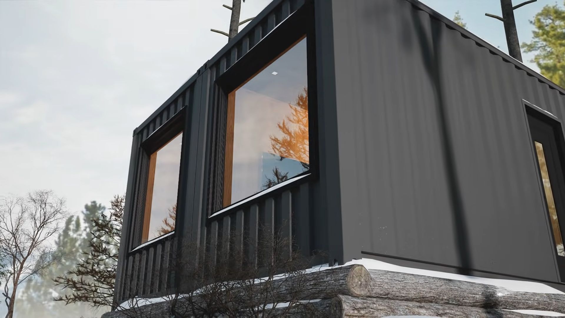 Modern container cabin with picture frame windows