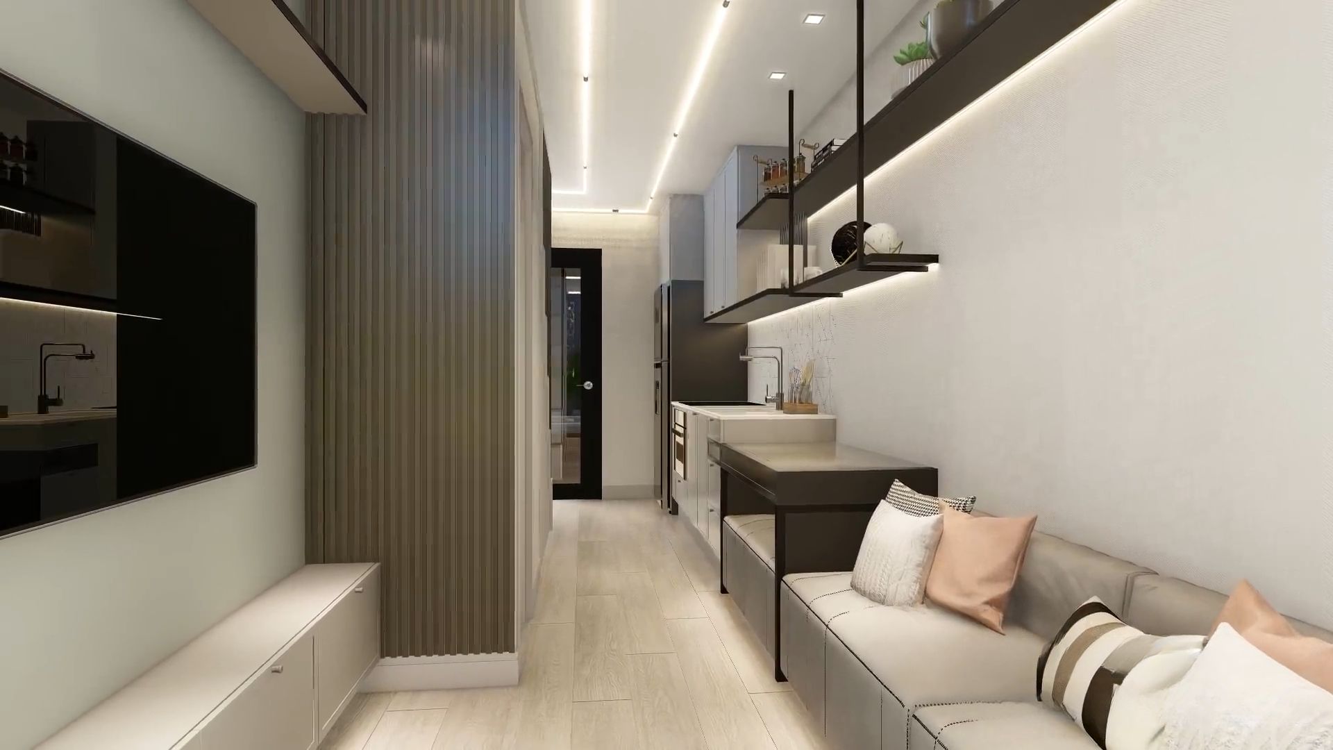 narrow living room with flatscreen TV