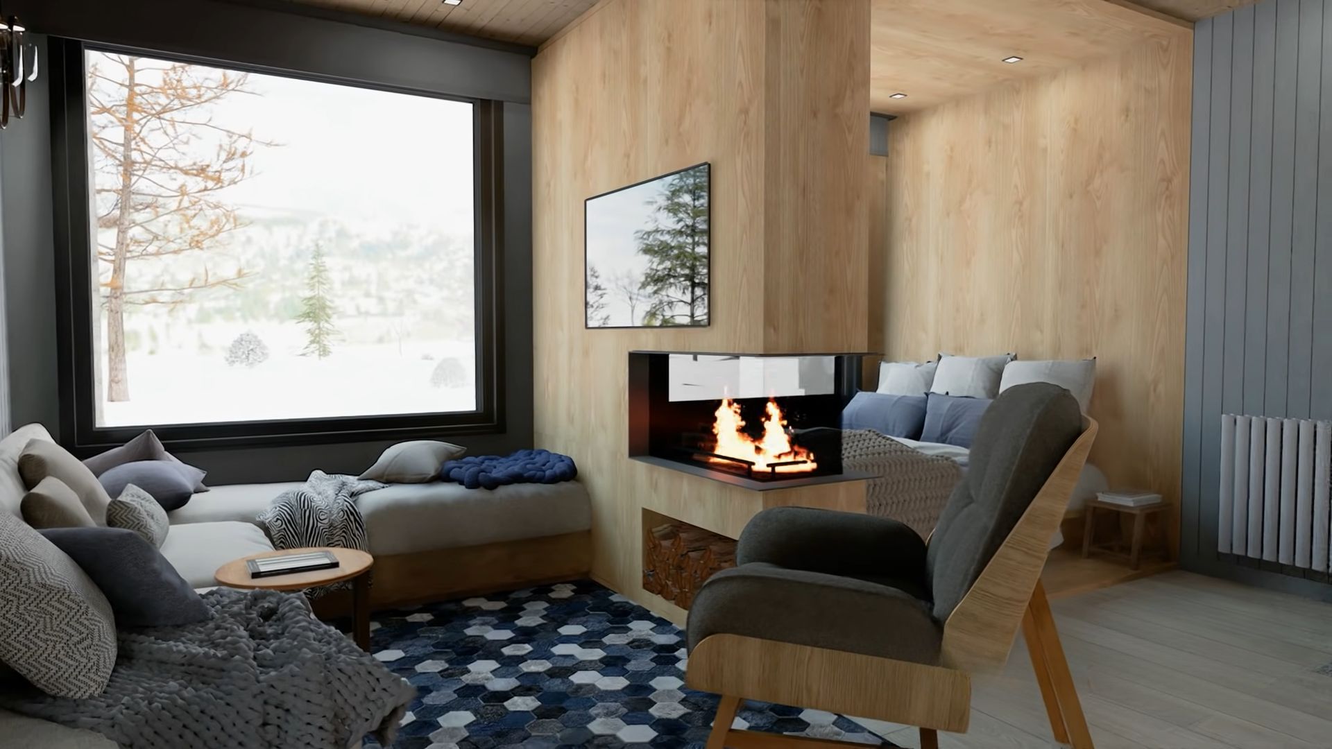 Open concept container cabin with a built-in fireplace