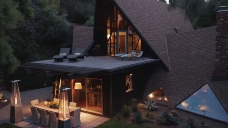 exterior of an a-frame cabin in the woods