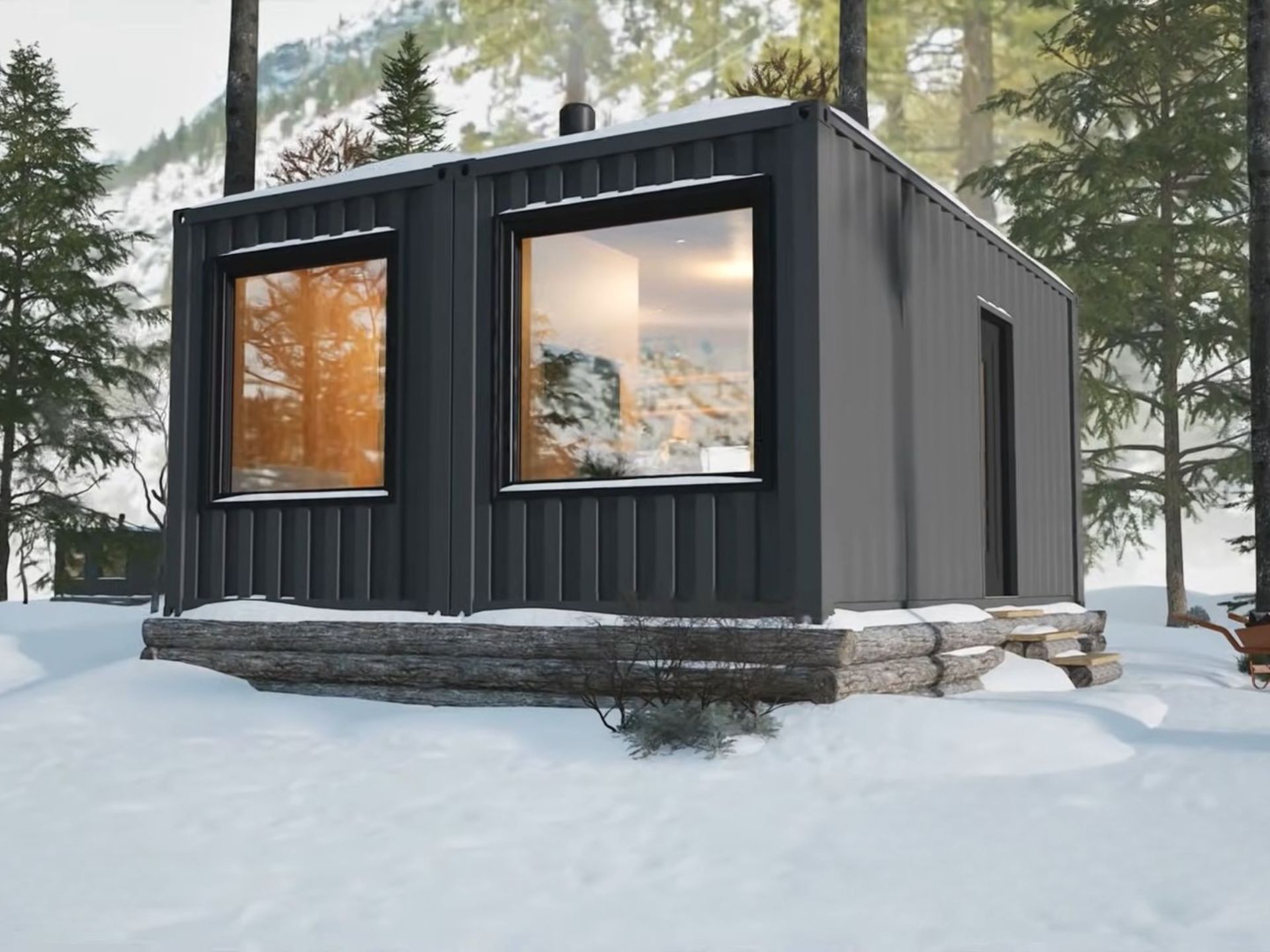 Tiny shipping container cabin in woods with two large windows