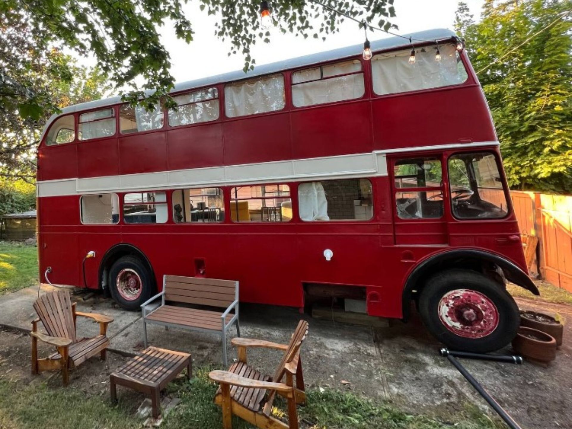 exterior of a double decker bus as a tiny home