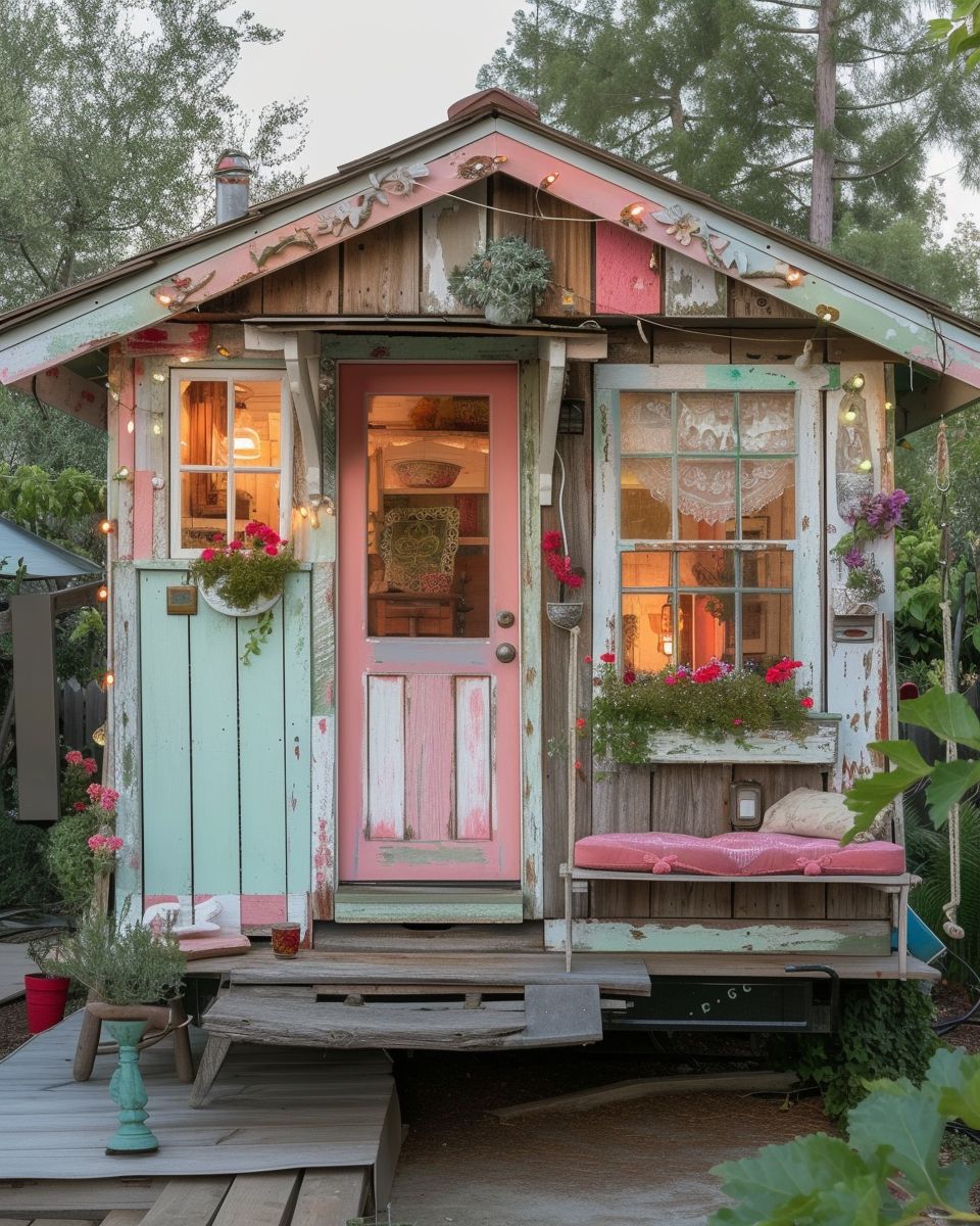 pastel green and pink exterior of a tiny home with lots of plants