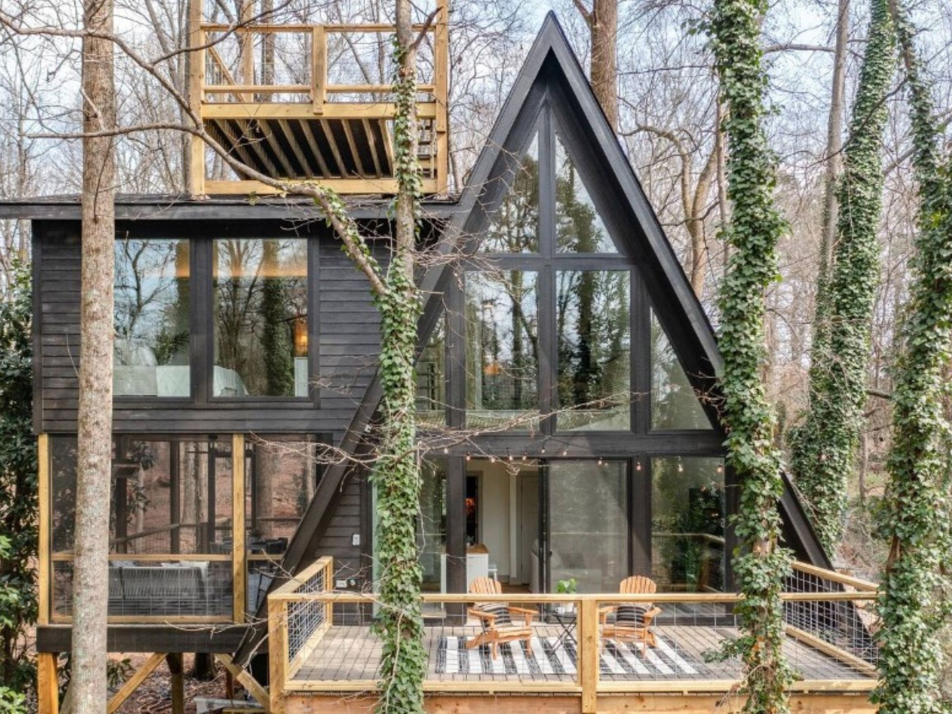 exterior of a treehouse a-cabin