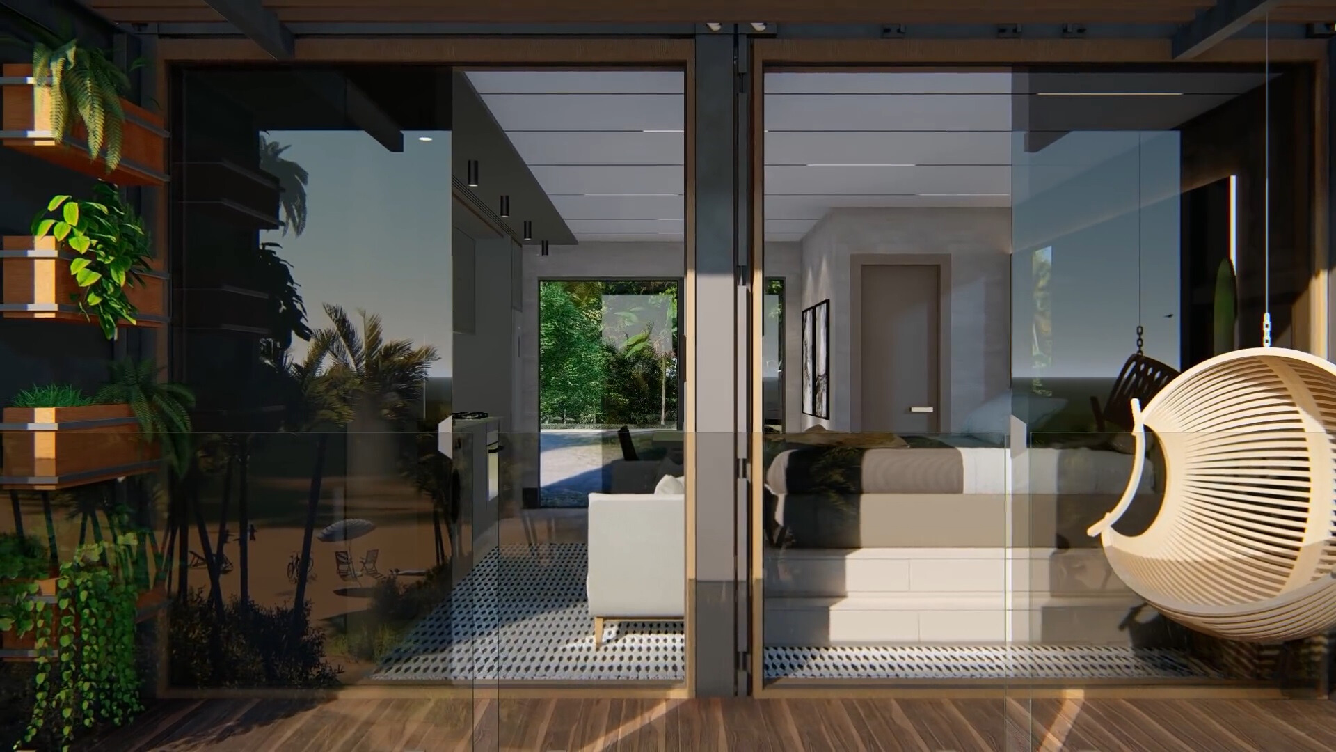 balcony with a round beige chair on one side and plants on the other side