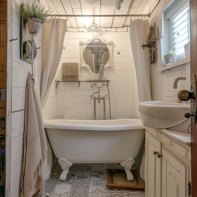 bathroom with blue patterned tiles on the floor, white bathtub and white bathroom curtain