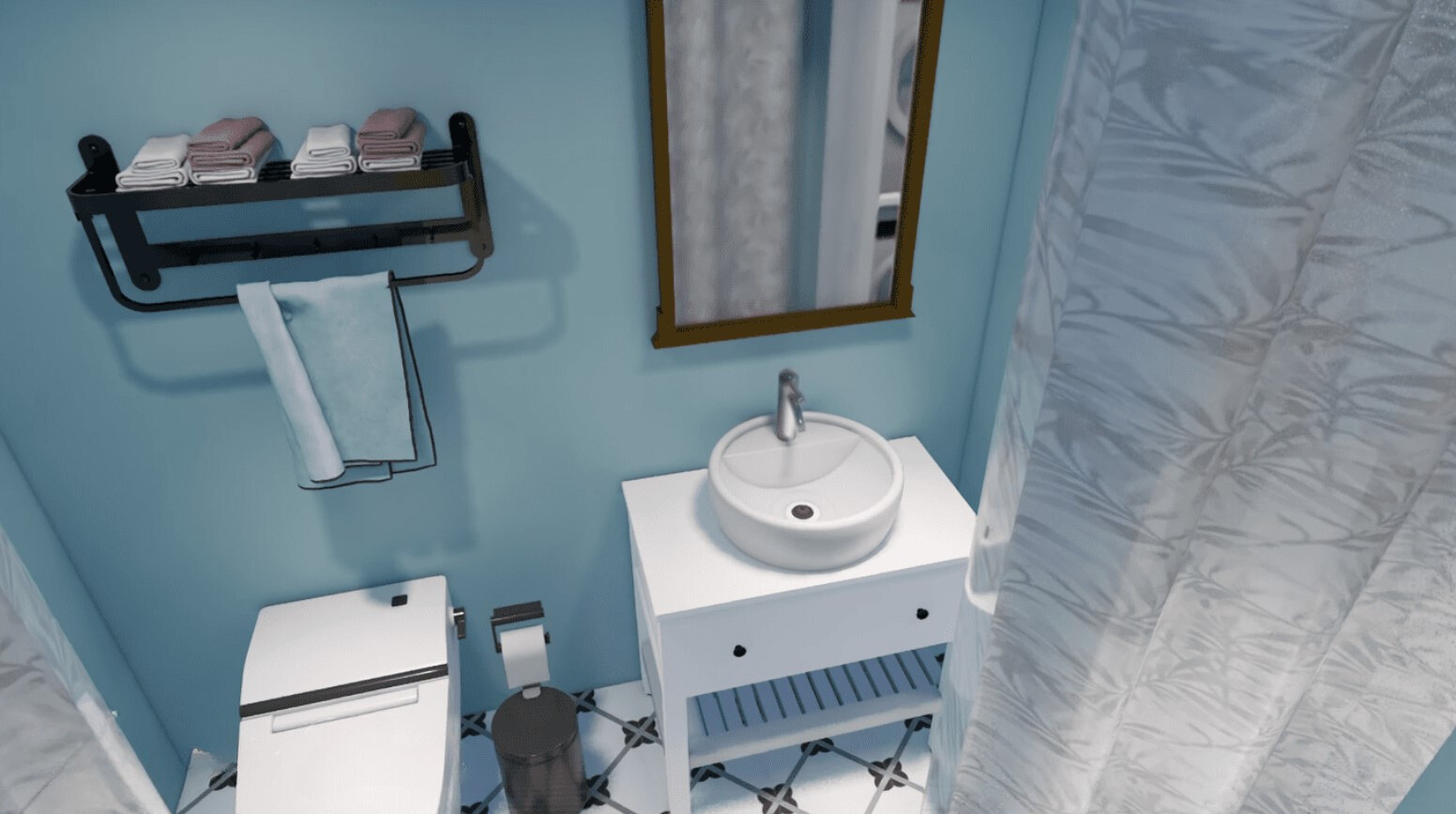 bathroom with a blue wall, blue shower curtain, white sink and a white toilet