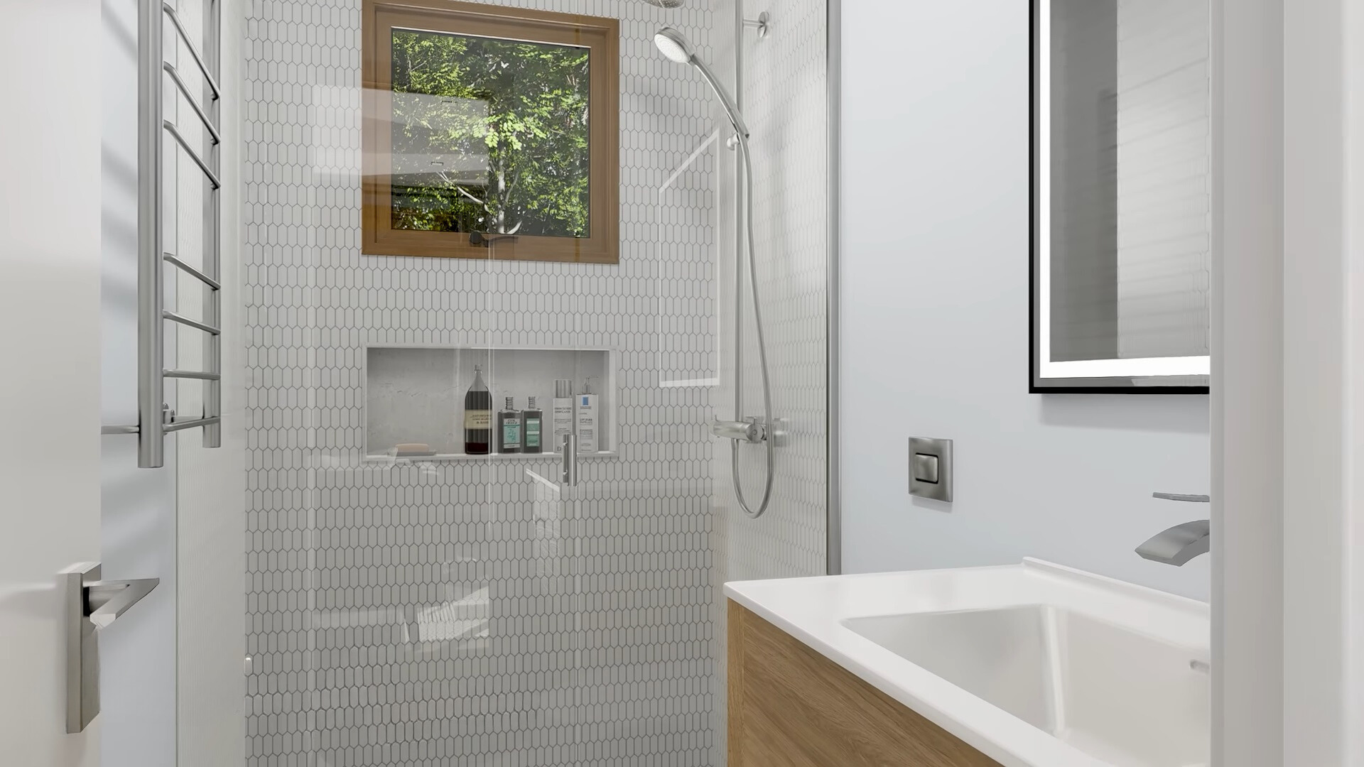 bathroom with white tiles and a glass shower and a window in the shower