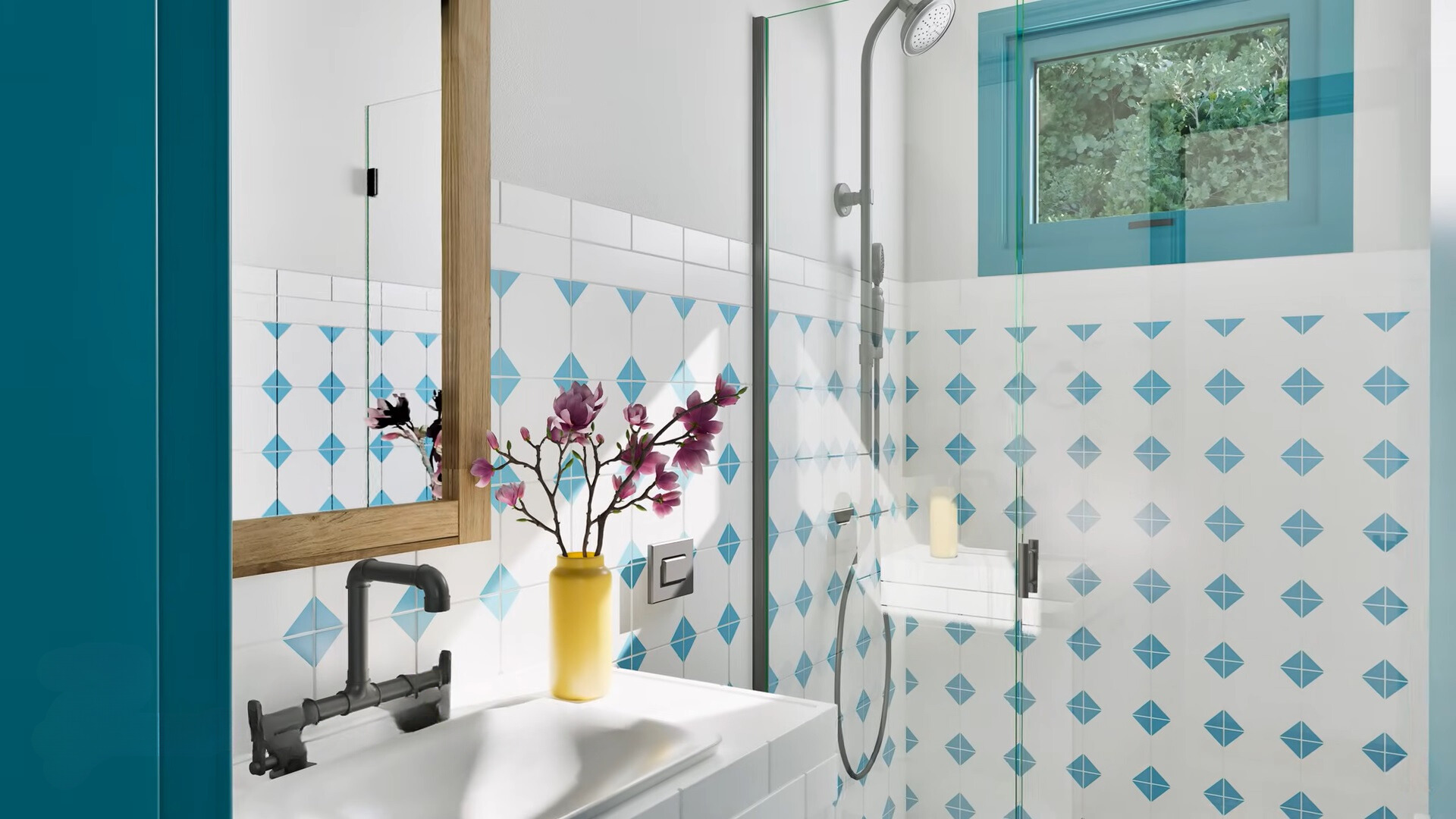 bathroom with blue and white tiles, white sink and a window