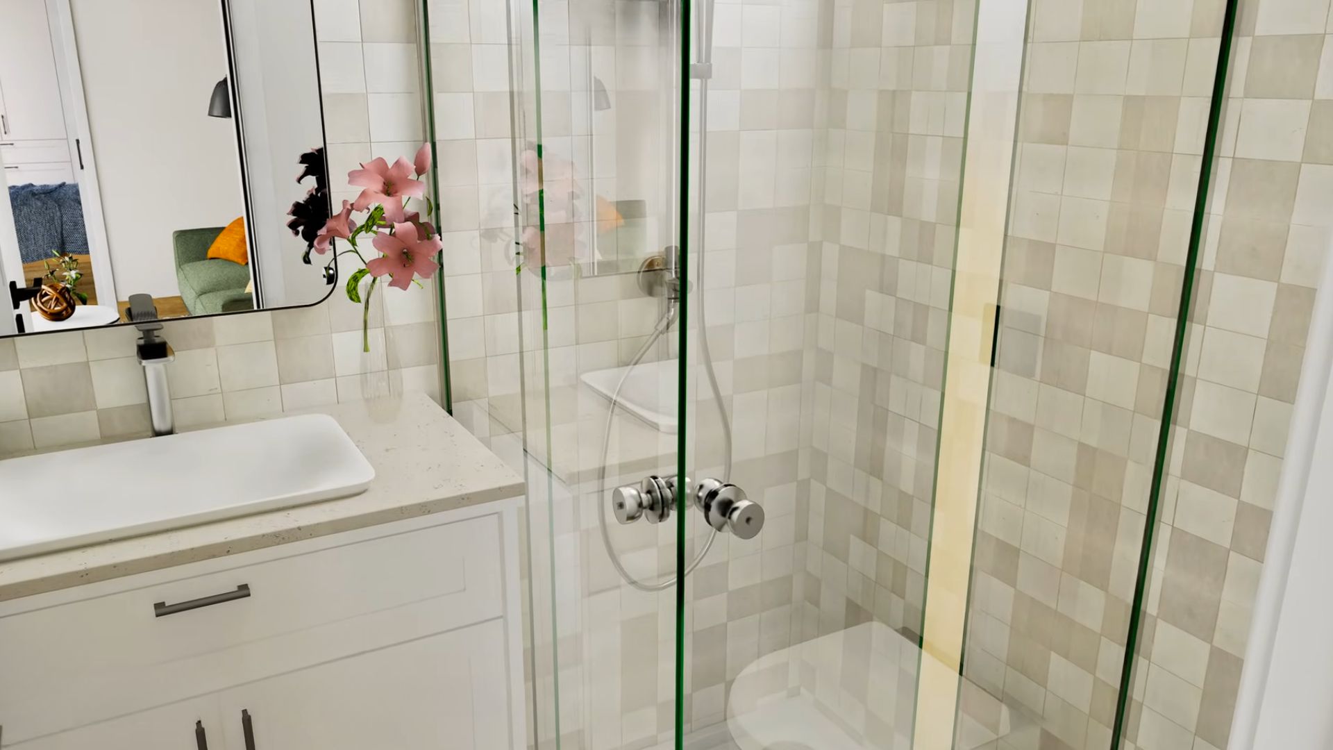 simple bathroom with blush beige tiles, a walk-in shower, and a vanity with a sink