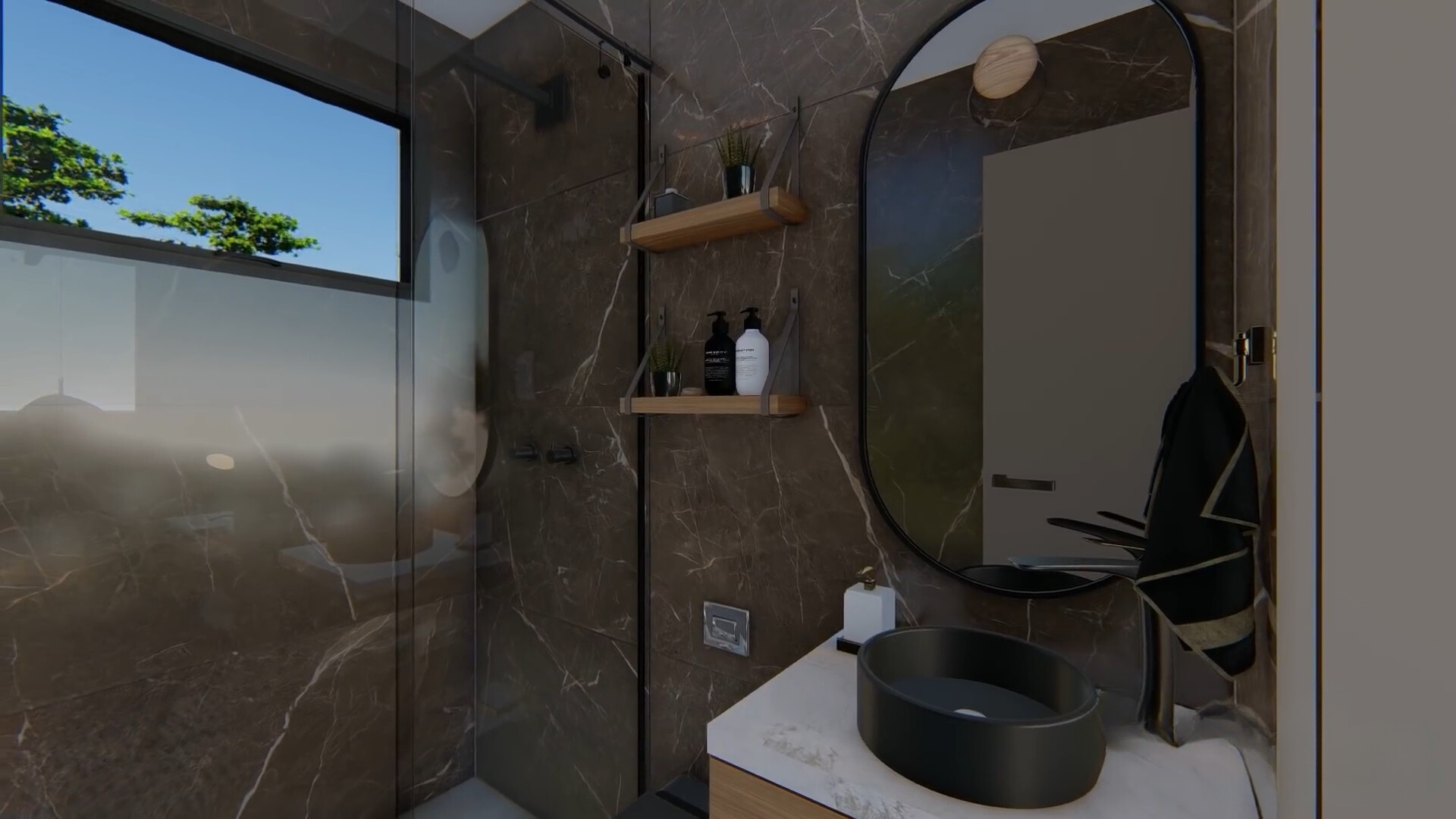 bathroom with brown walls, black sink, glass shower and a window in the shower