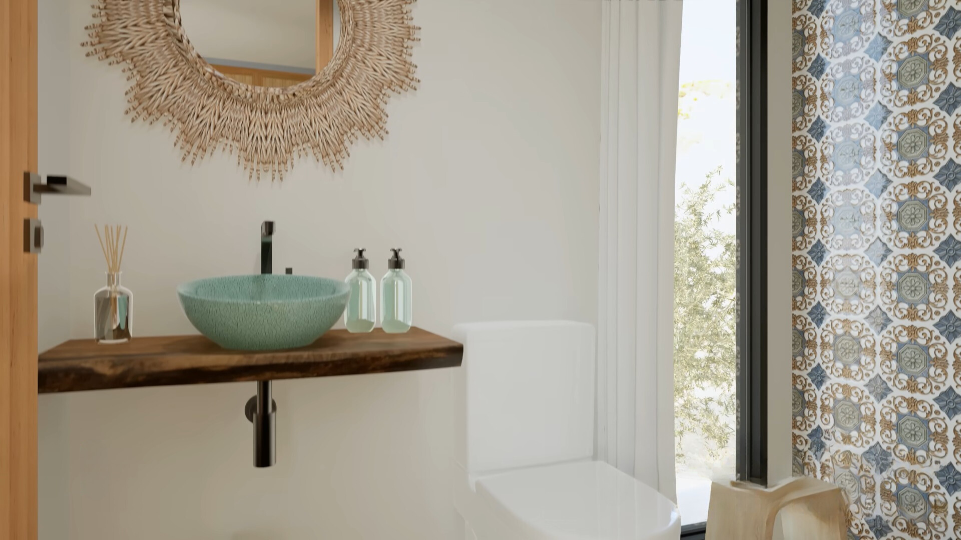 bathroom with textured tiles and a window in the shower and a round mirror