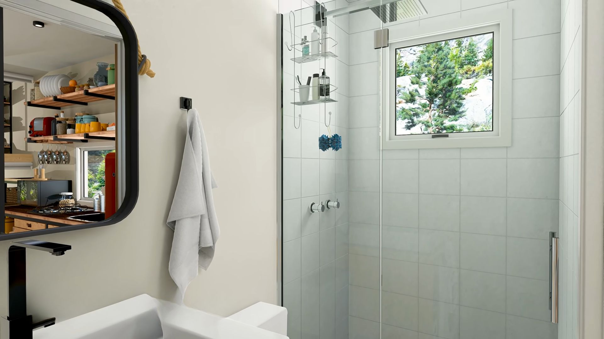 Small bathroom with walk-in shower and tiny window