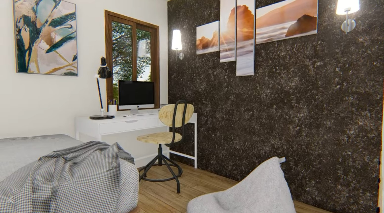 bedroom with a white desk, window above the desk, a chair next to the desk and a gray bean bag