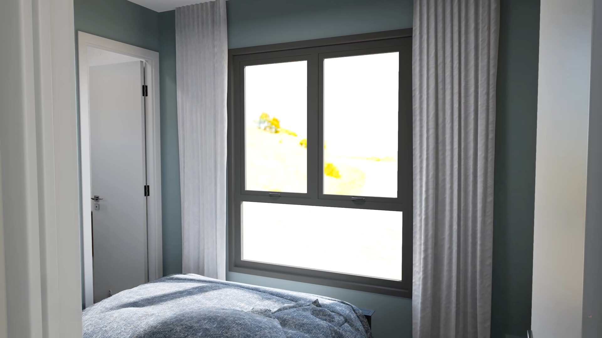 bedroom with a window opposite the bed and gray curtains